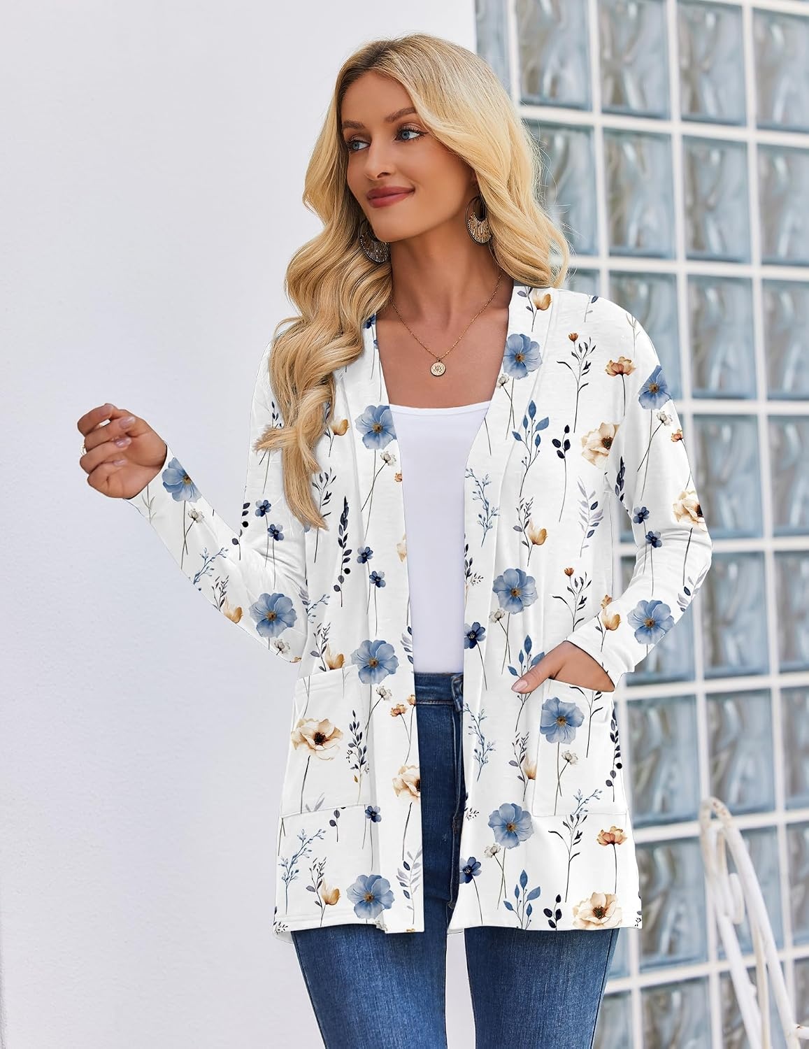 image:imageZeagoo Womens Lightweight Cardigan Open Front Long Sleeve Casual CardigansAflower Blue