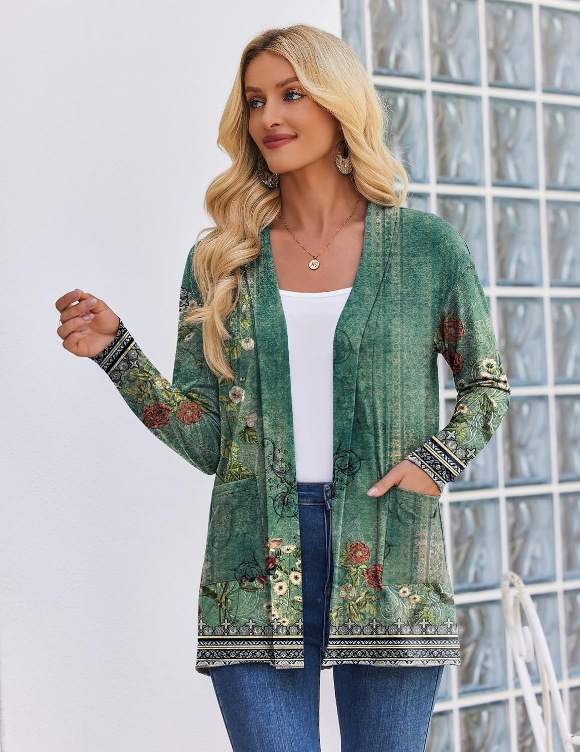 image:imageZeagoo Womens Lightweight Cardigan Open Front Long Sleeve Casual CardigansAflower Green