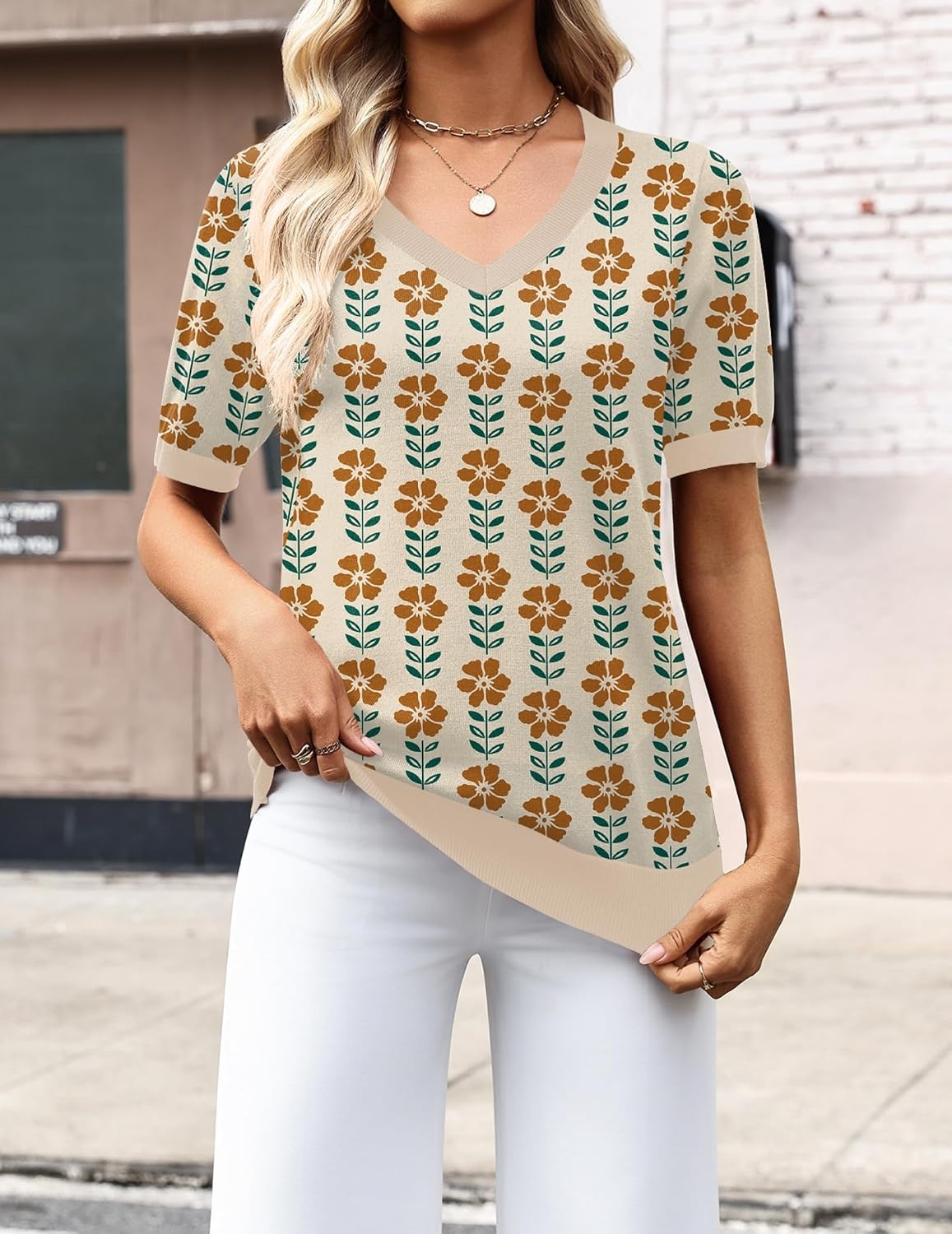 image:imageZeagoo Womens Short Sleeve Sweaters Summer V Neck Business Casual Knit TopsFloral Apricot