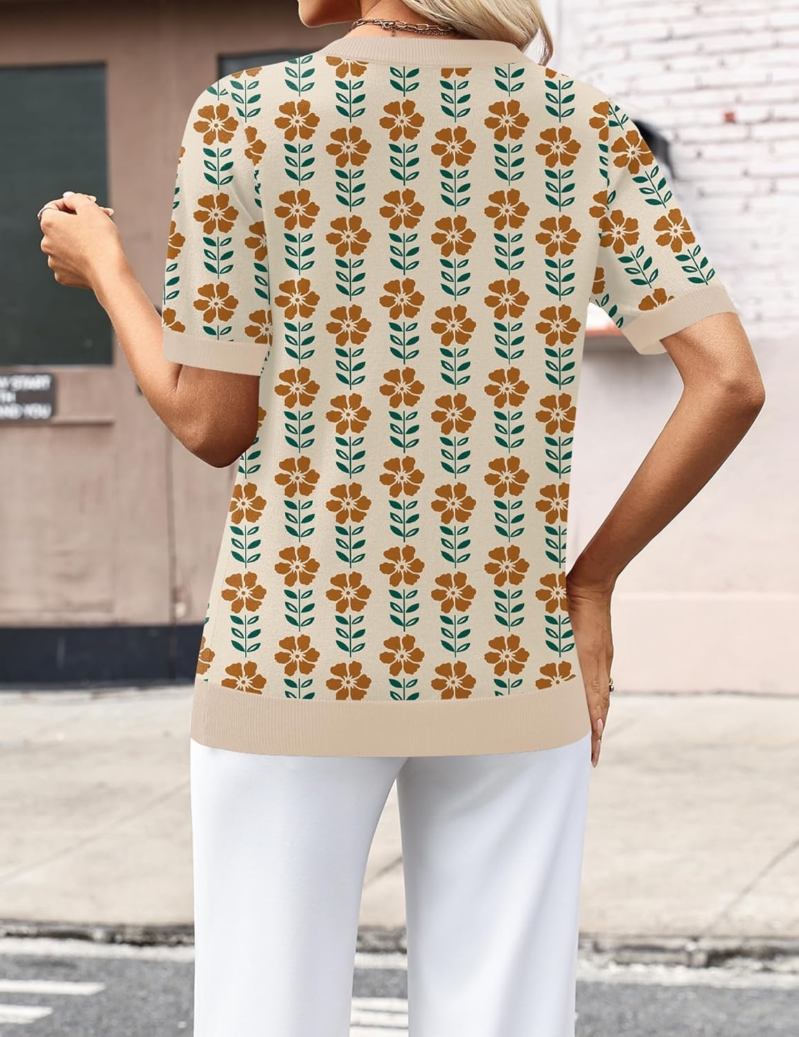 image:imageZeagoo Womens Short Sleeve Sweaters Summer V Neck Business Casual Knit TopsFloral Apricot
