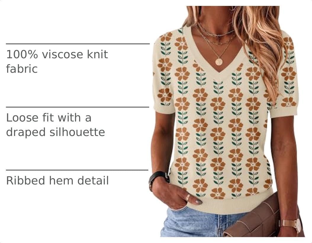 image:imageZeagoo Womens Short Sleeve Sweaters Summer V Neck Business Casual Knit TopsFloral Apricot
