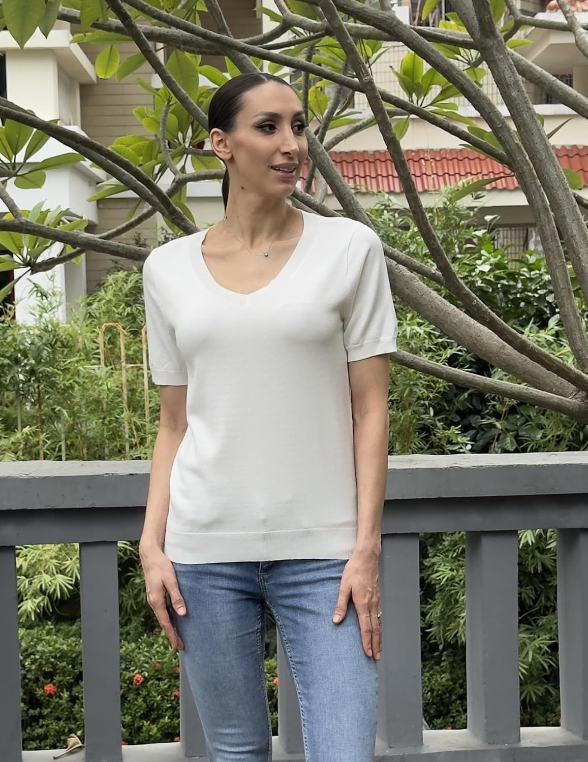 image:imageZeagoo Womens Short Sleeve Sweaters Summer V Neck Business Casual Knit TopsWhite