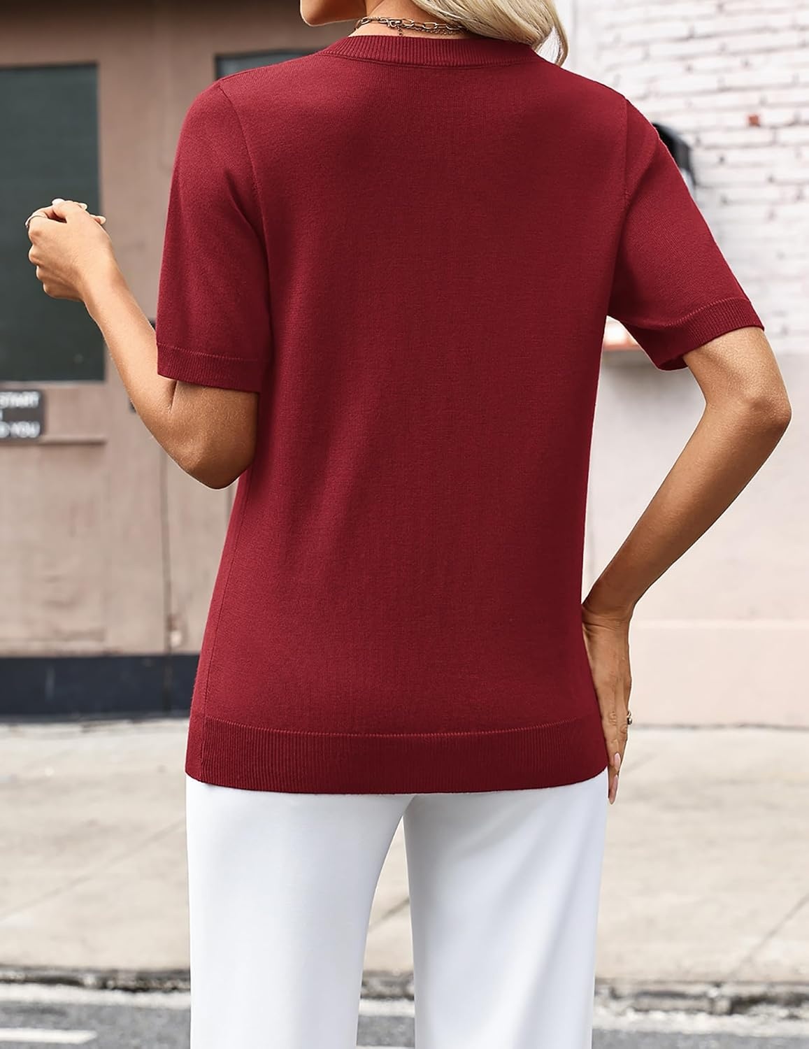 image:imageZeagoo Womens Short Sleeve Sweaters Summer V Neck Business Casual Knit TopsWine Red