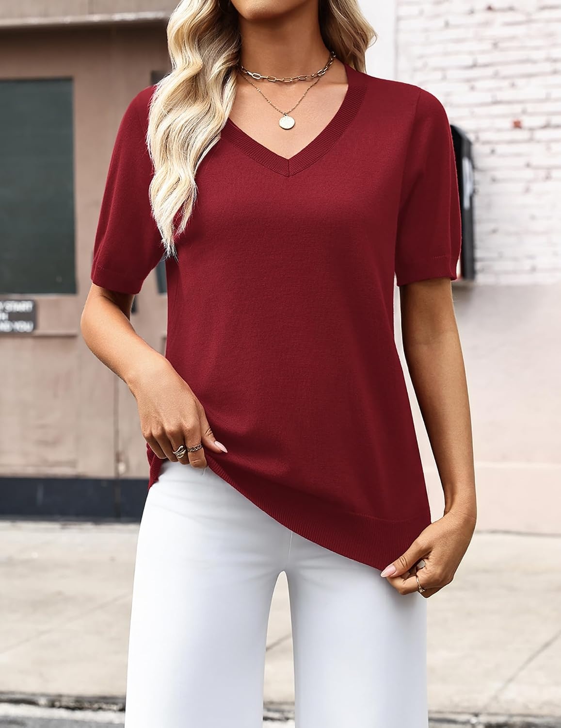 image:imageZeagoo Womens Short Sleeve Sweaters Summer V Neck Business Casual Knit TopsWine Red