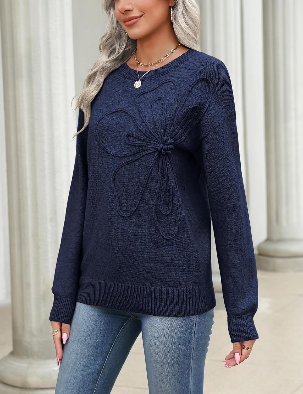 image:imageZeagoo Womens Sweaters 3D Floral Appliques Crewneck Long Sleeve PulloversNavy Blue