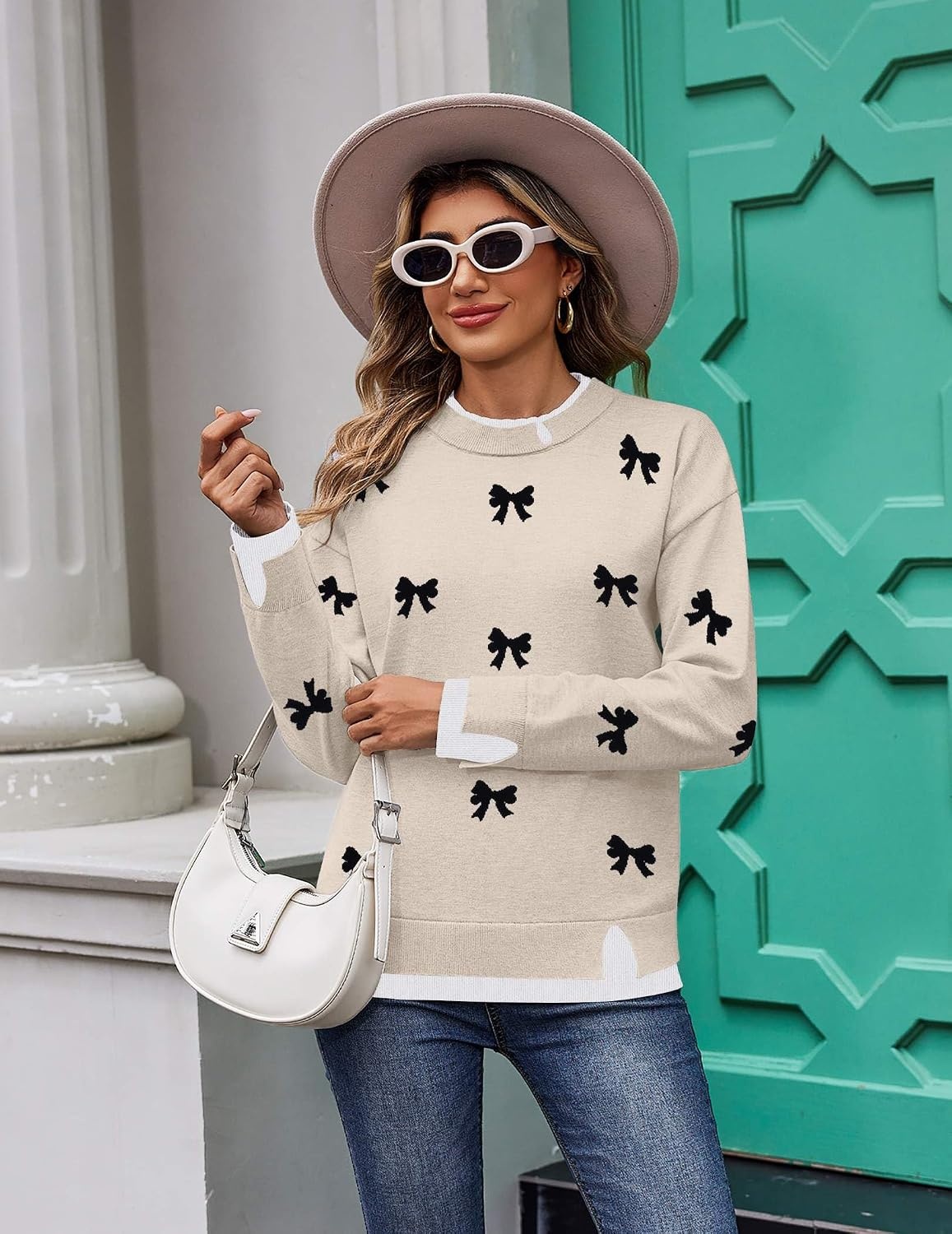 image:imageZeagoo Womens Sweaters Crewneck Long Sleeve Pullover TopsKakhi Black Bow