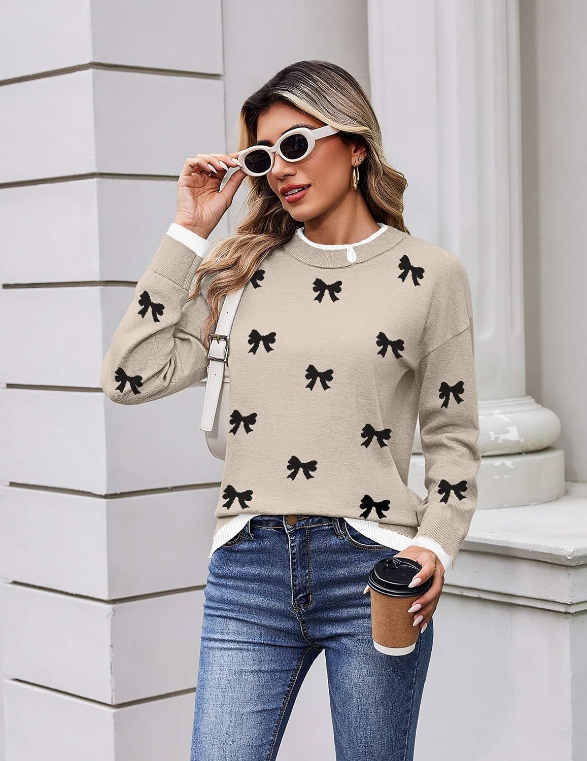 image:imageZeagoo Womens Sweaters Crewneck Long Sleeve Pullover TopsKakhi Black Bow