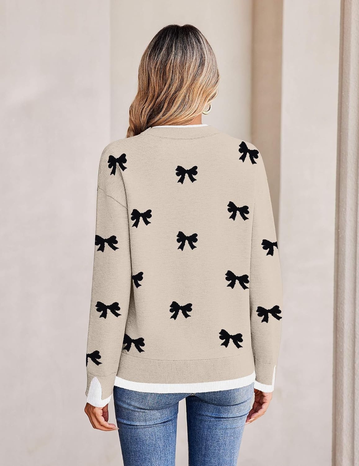 image:imageZeagoo Womens Sweaters Crewneck Long Sleeve Pullover TopsKakhi Black Bow