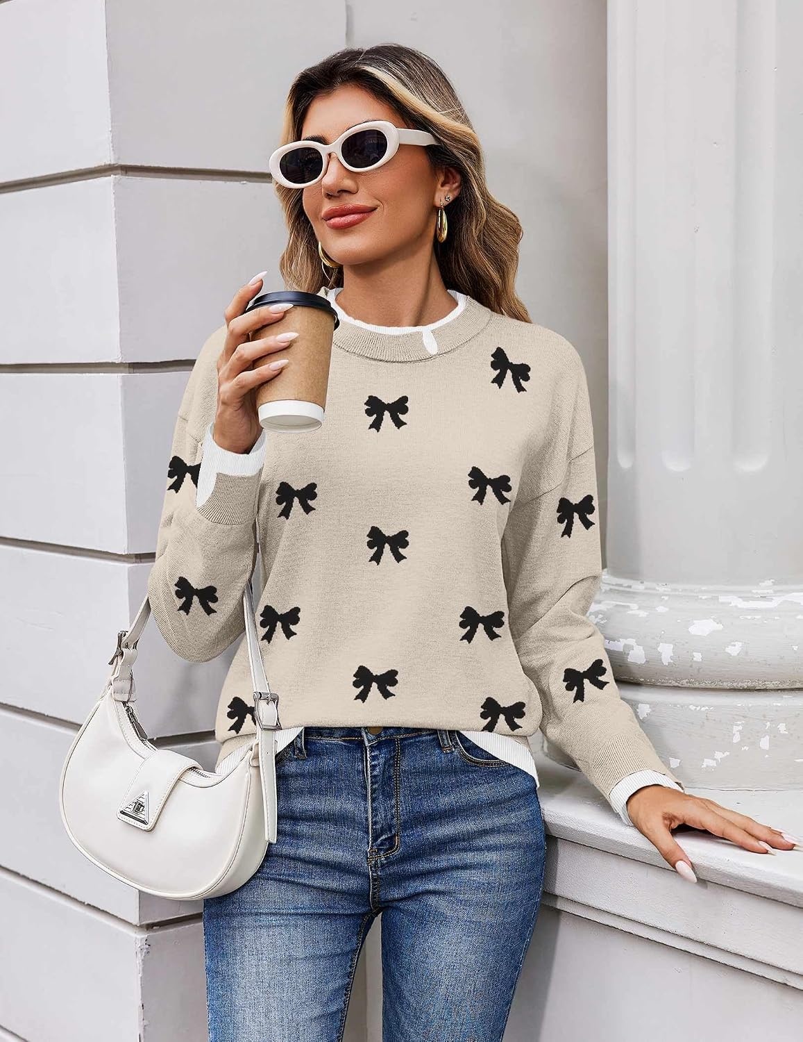 image:imageZeagoo Womens Sweaters Crewneck Long Sleeve Pullover TopsKakhi Black Bow
