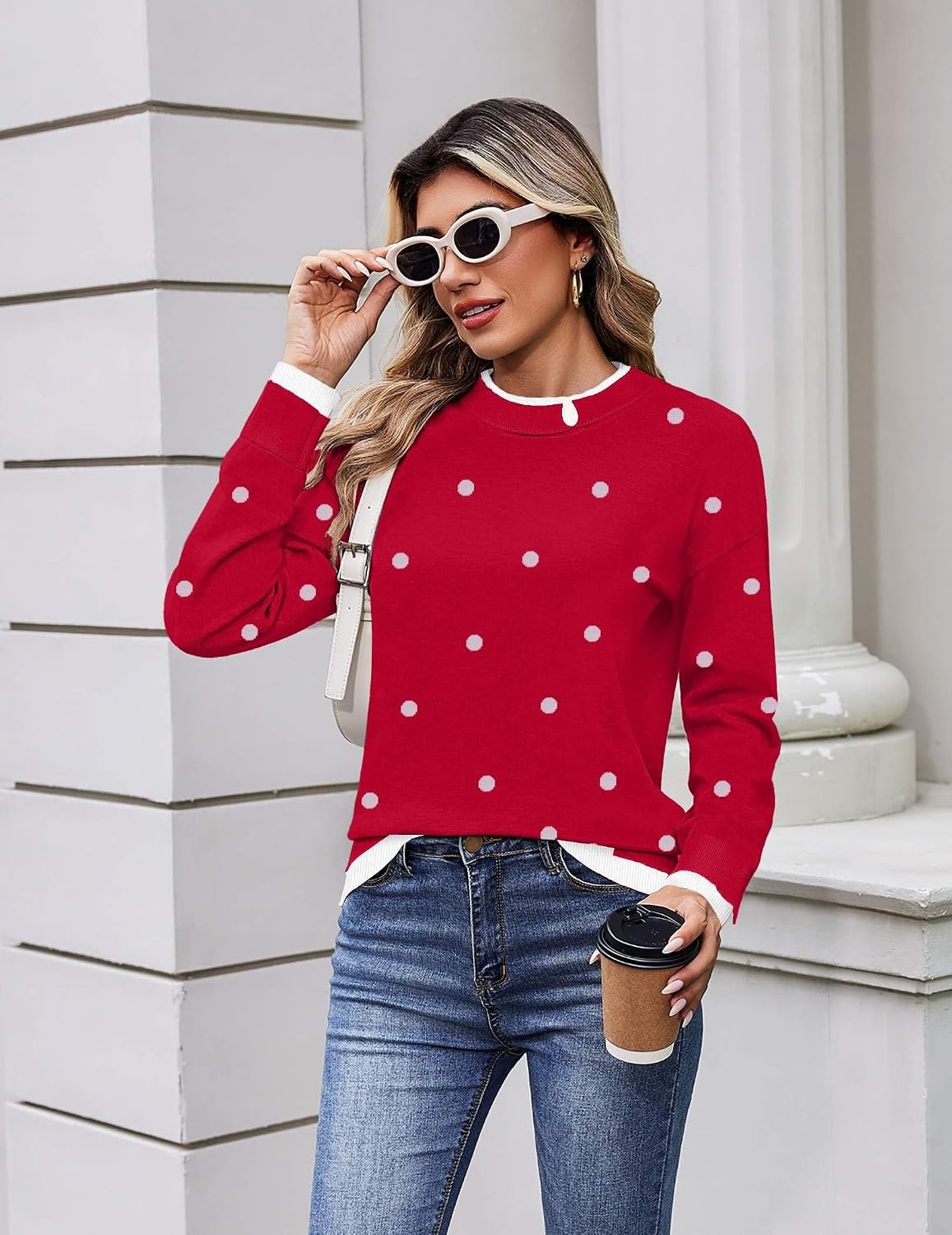 image:imageZeagoo Womens Sweaters Crewneck Long Sleeve Pullover TopsRed White Polka Dots