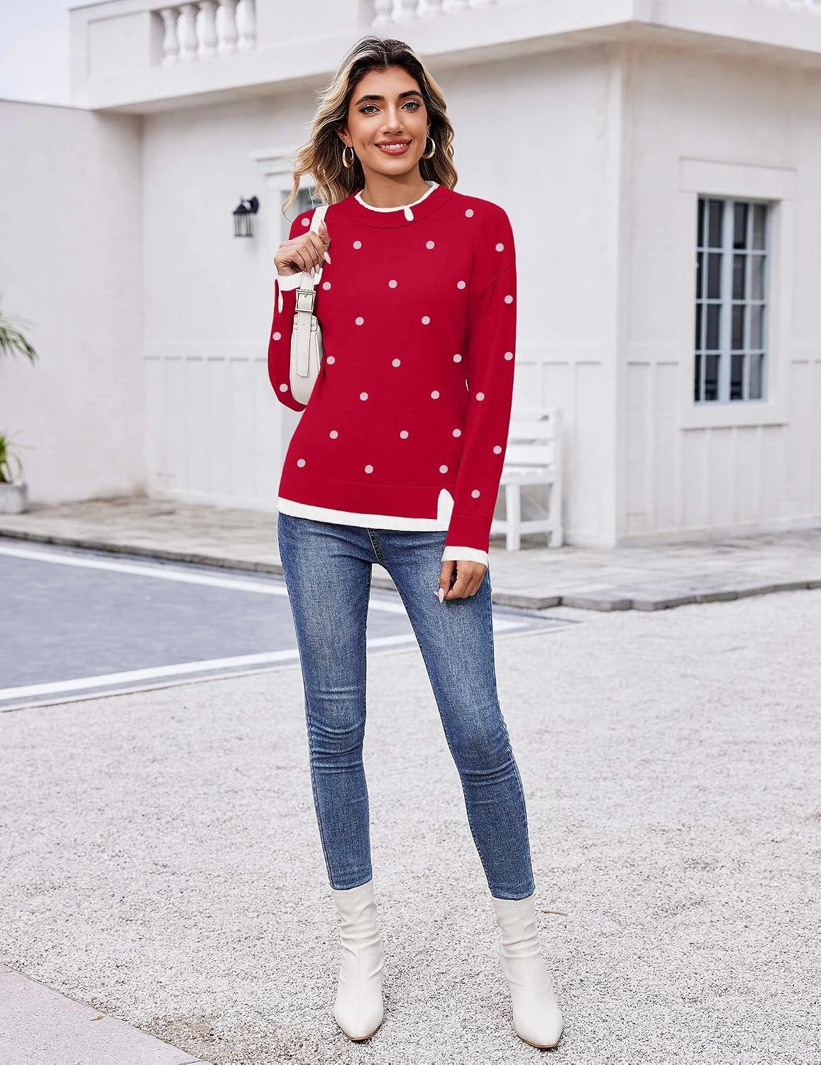 image:imageZeagoo Womens Sweaters Crewneck Long Sleeve Pullover TopsRed White Polka Dots