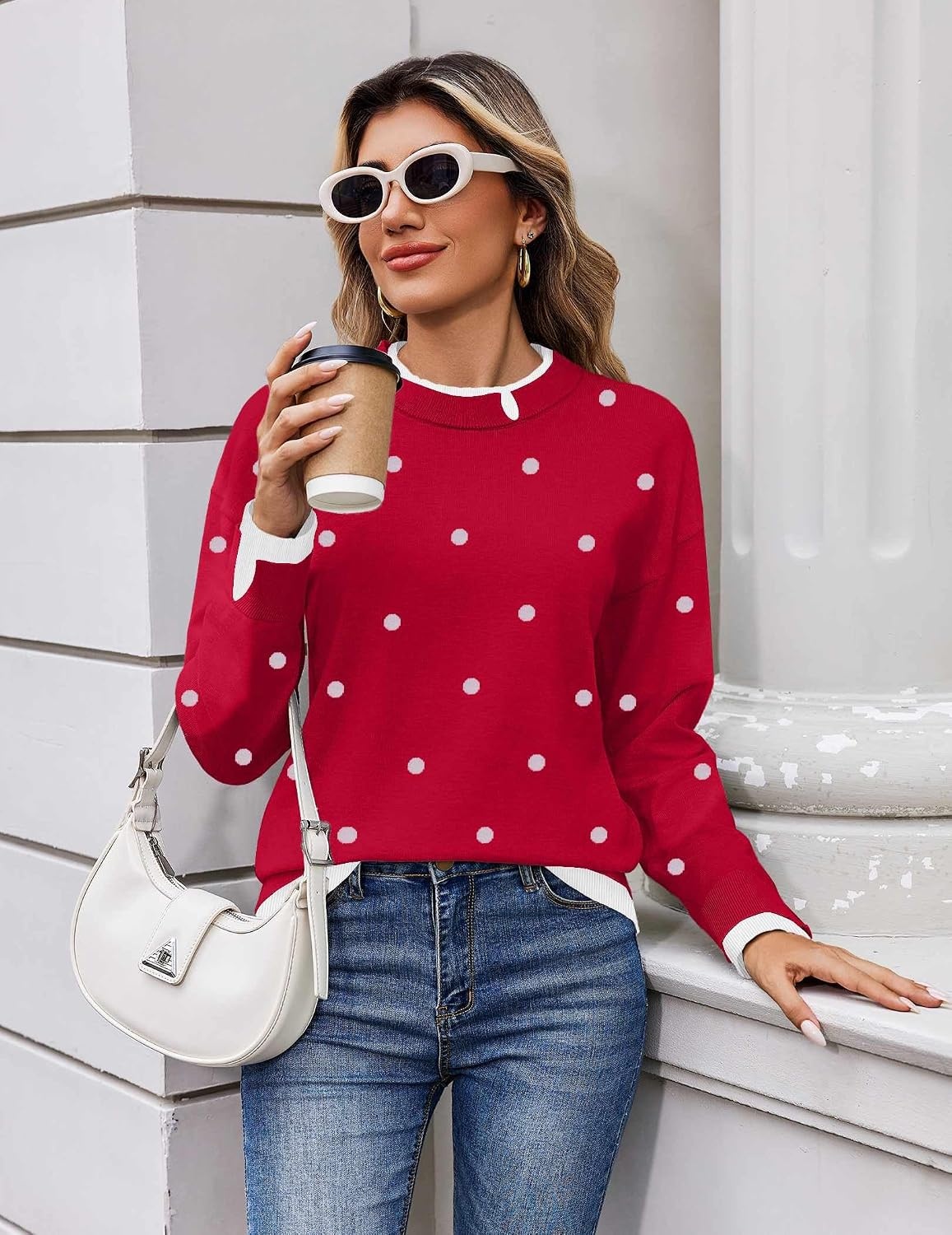 image:imageZeagoo Womens Sweaters Crewneck Long Sleeve Pullover TopsRed White Polka Dots