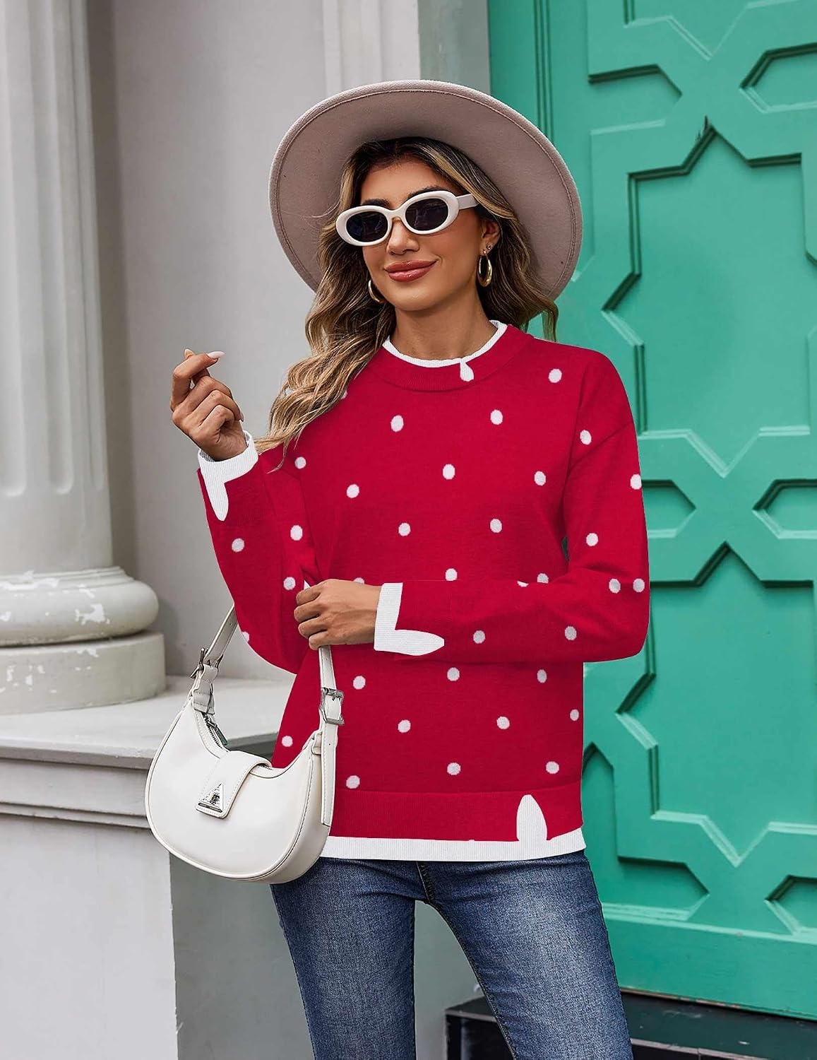image:imageZeagoo Womens Sweaters Crewneck Long Sleeve Pullover TopsRed White Polka Dots