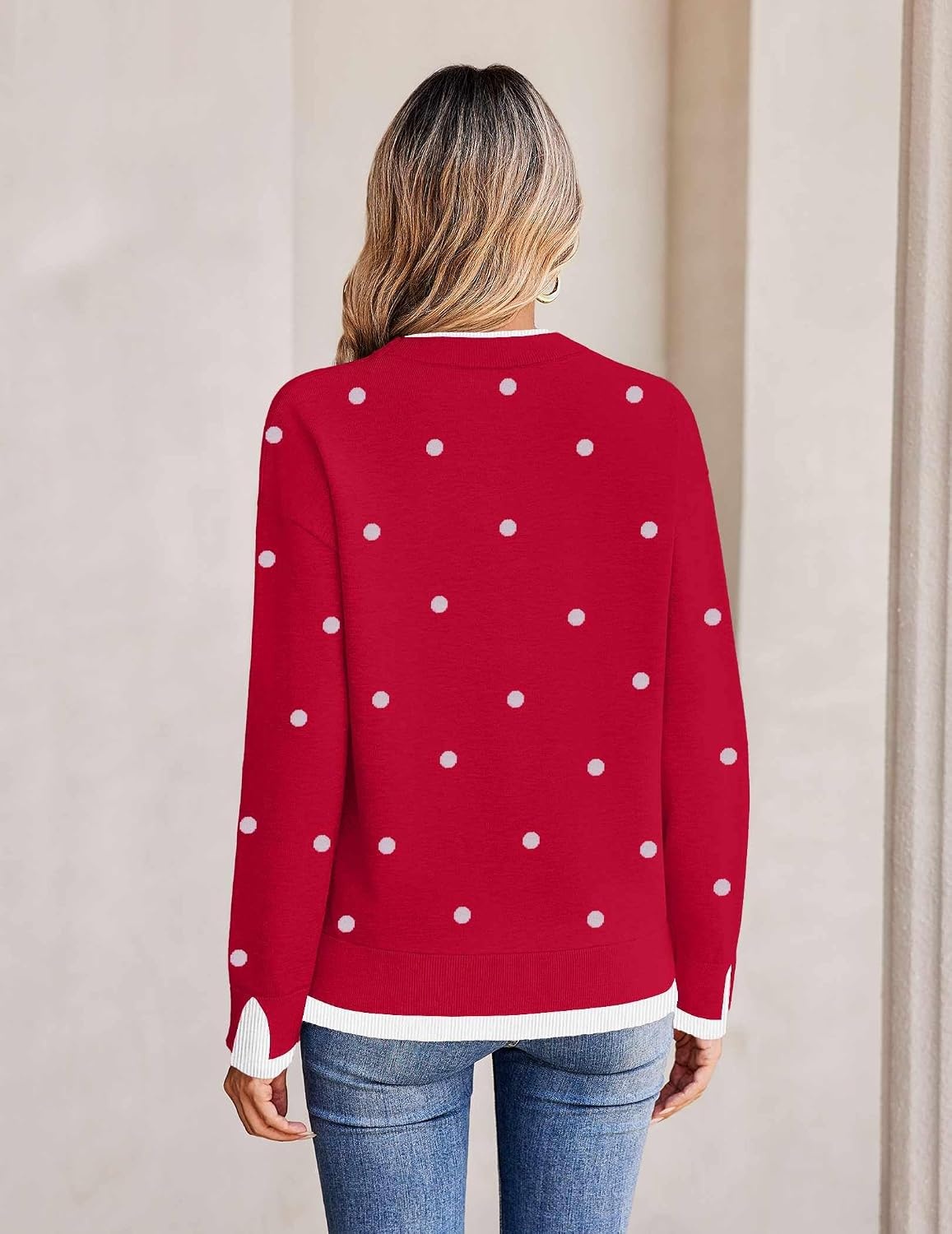image:imageZeagoo Womens Sweaters Crewneck Long Sleeve Pullover TopsRed White Polka Dots