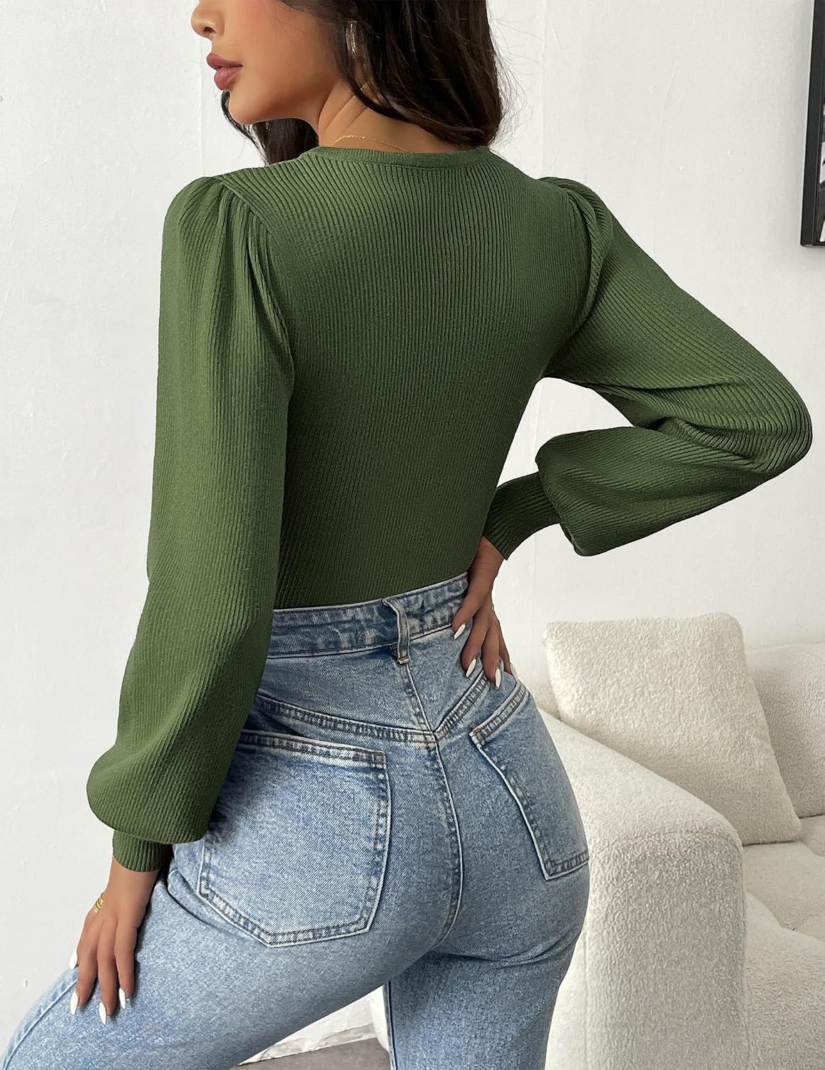 image:imageZeagoo Womens Sweaters Long Sleeve Bodysuits 2026 Fall Crewneck Puff Knit Pullover TopsArmy Green