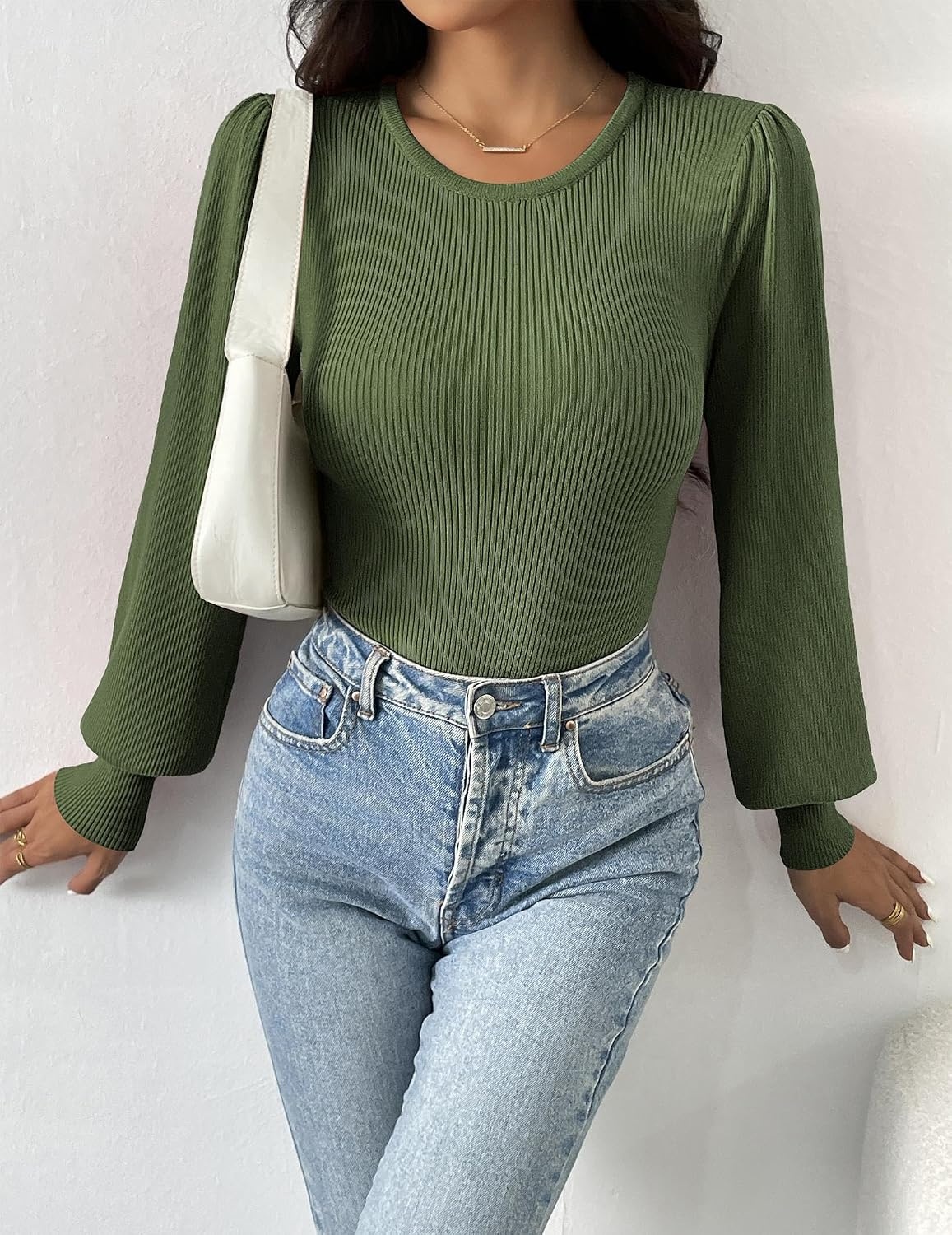 image:imageZeagoo Womens Sweaters Long Sleeve Bodysuits 2026 Fall Crewneck Puff Knit Pullover TopsArmy Green