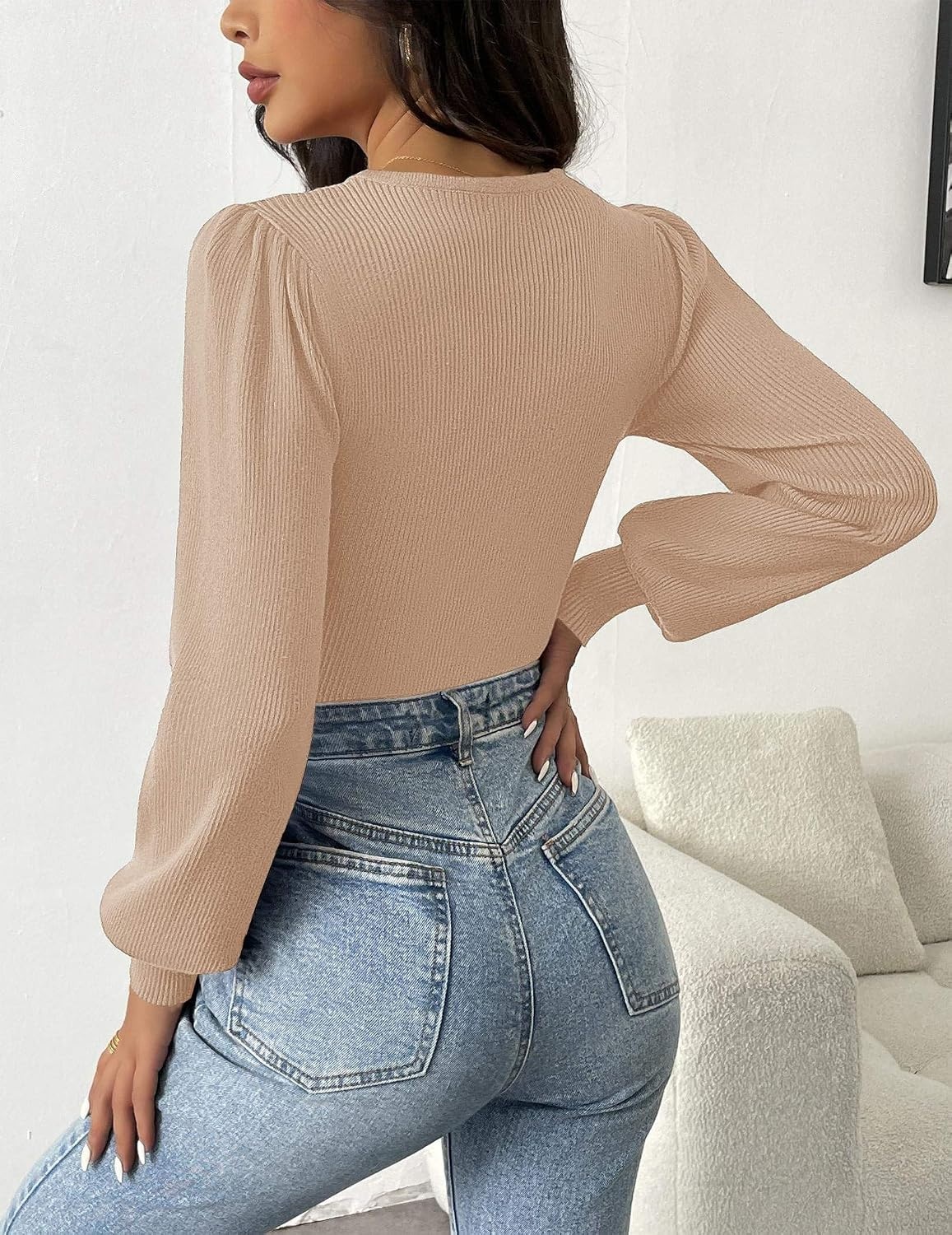 image:imageZeagoo Womens Sweaters Long Sleeve Bodysuits 2026 Fall Crewneck Puff Knit Pullover TopsBeige
