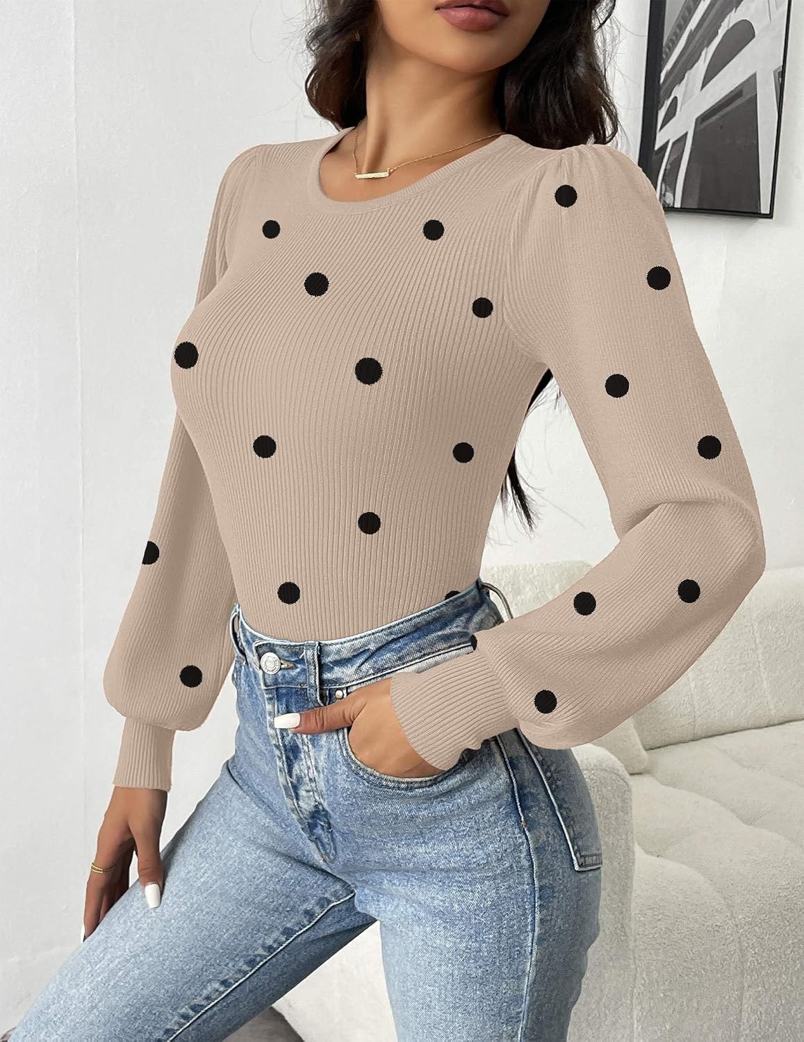 image:imageZeagoo Womens Sweaters Long Sleeve Bodysuits 2026 Fall Crewneck Puff Knit Pullover TopsBeige Black Polka Dot