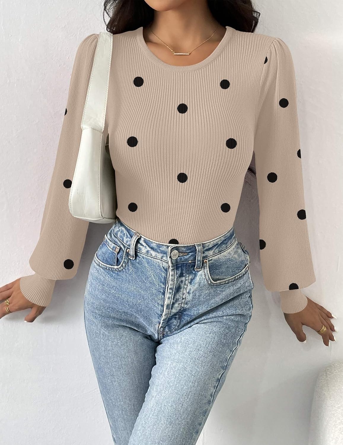 image:imageZeagoo Womens Sweaters Long Sleeve Bodysuits 2026 Fall Crewneck Puff Knit Pullover TopsBeige Black Polka Dot