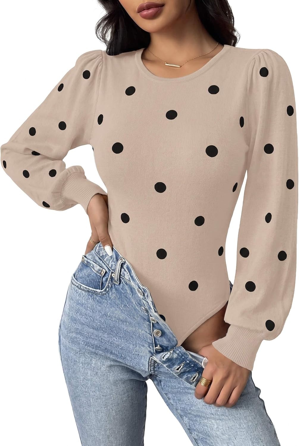 image:imageZeagoo Womens Sweaters Long Sleeve Bodysuits 2026 Fall Crewneck Puff Knit Pullover TopsBeige Black Polka Dot