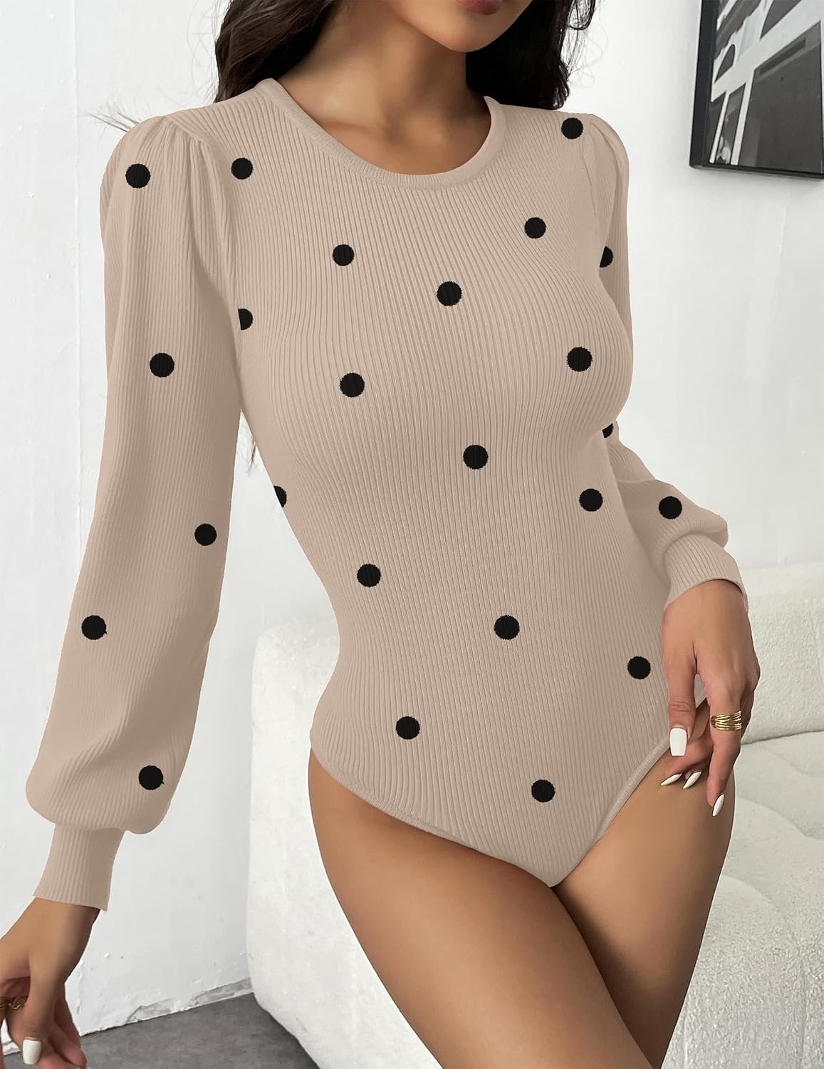 image:imageZeagoo Womens Sweaters Long Sleeve Bodysuits 2026 Fall Crewneck Puff Knit Pullover TopsBeige Black Polka Dot