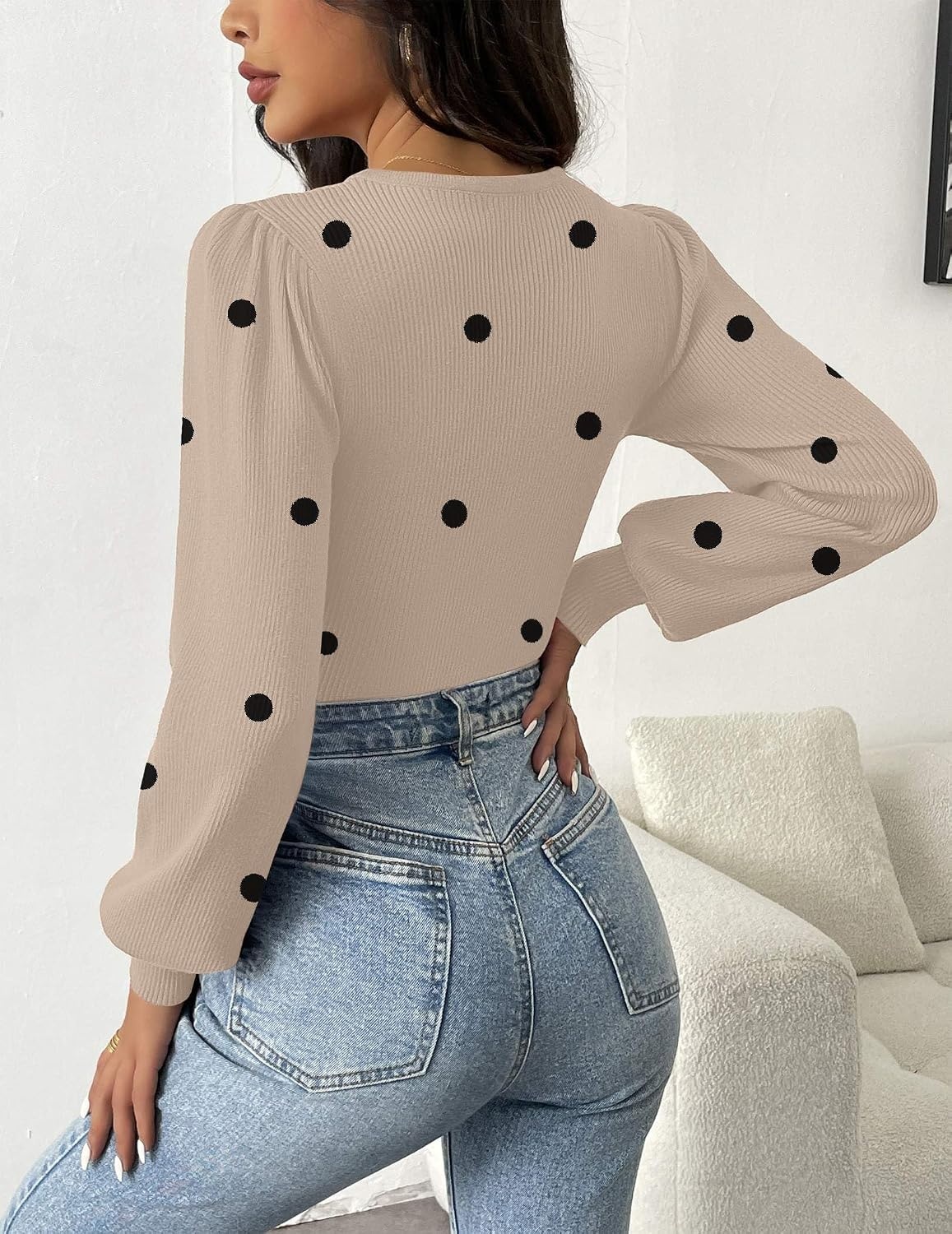 image:imageZeagoo Womens Sweaters Long Sleeve Bodysuits 2026 Fall Crewneck Puff Knit Pullover TopsBeige Black Polka Dot