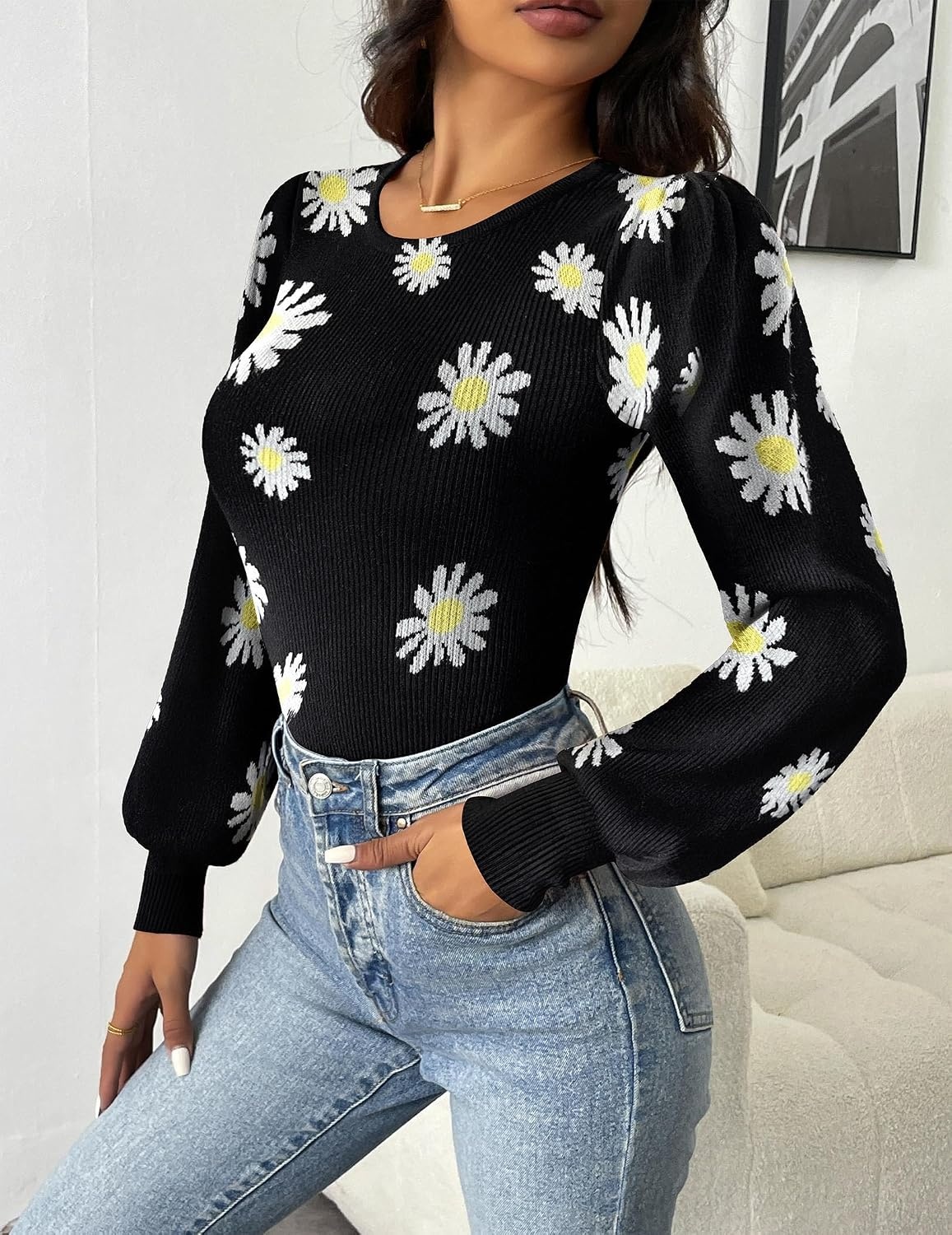 image:imageZeagoo Womens Sweaters Long Sleeve Bodysuits 2026 Fall Crewneck Puff Knit Pullover TopsBlack Flower