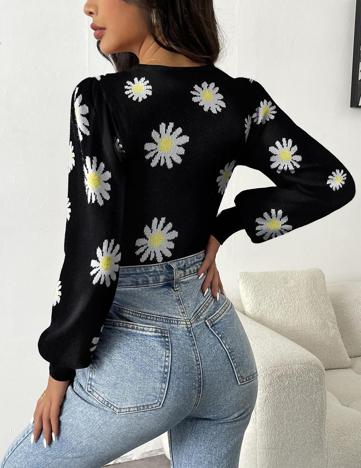 image:imageZeagoo Womens Sweaters Long Sleeve Bodysuits 2026 Fall Crewneck Puff Knit Pullover TopsBlack Flower