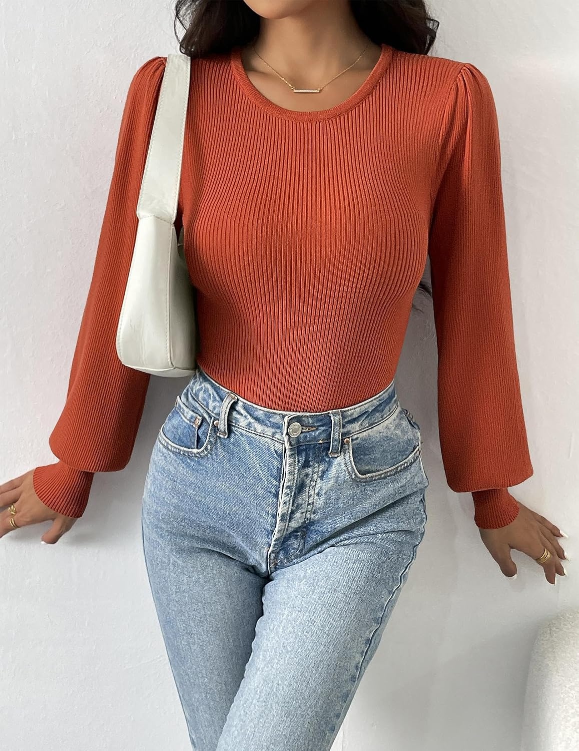 image:imageZeagoo Womens Sweaters Long Sleeve Bodysuits 2026 Fall Crewneck Puff Knit Pullover TopsCaramel