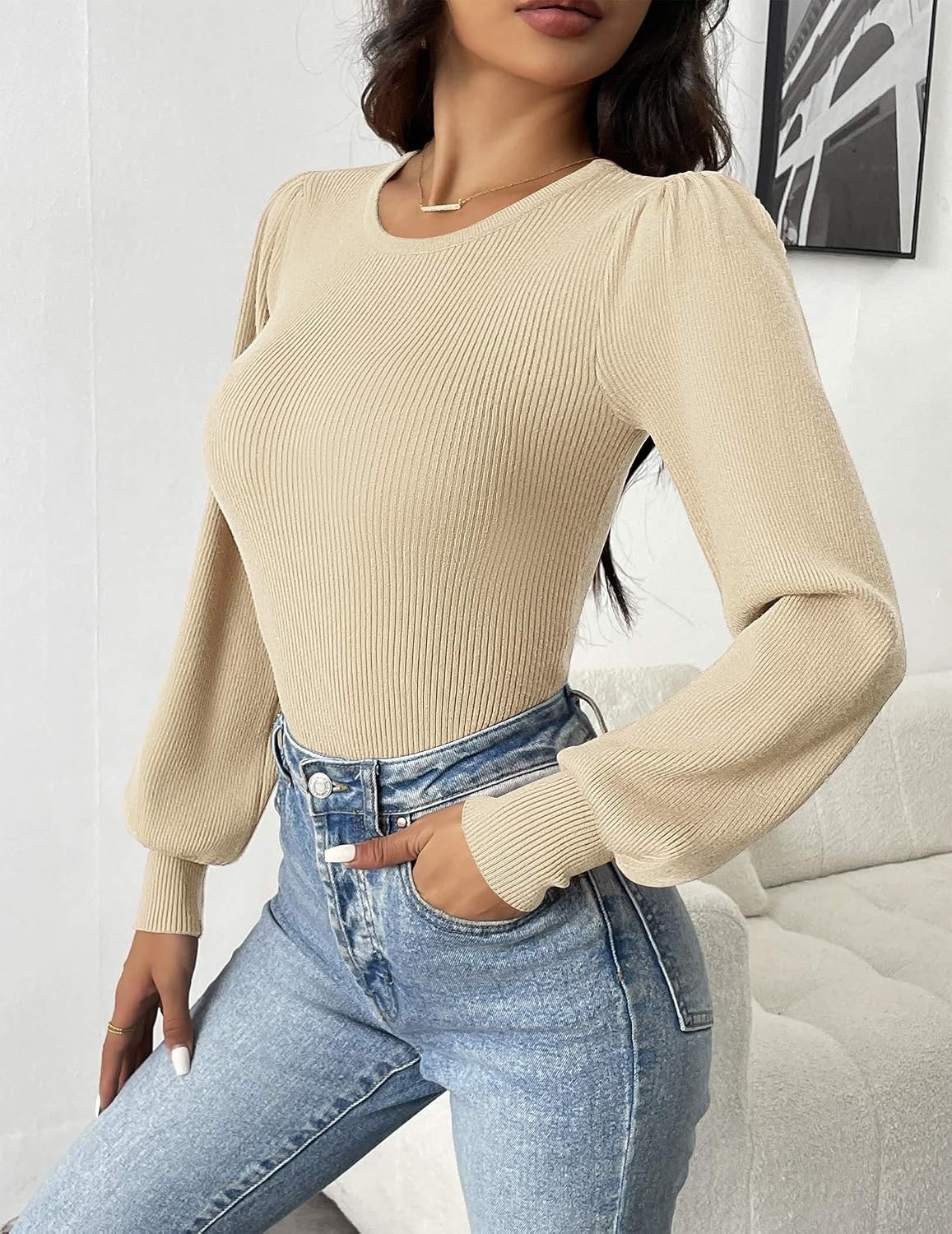 image:imageZeagoo Womens Sweaters Long Sleeve Bodysuits 2026 Fall Crewneck Puff Knit Pullover TopsCoffee