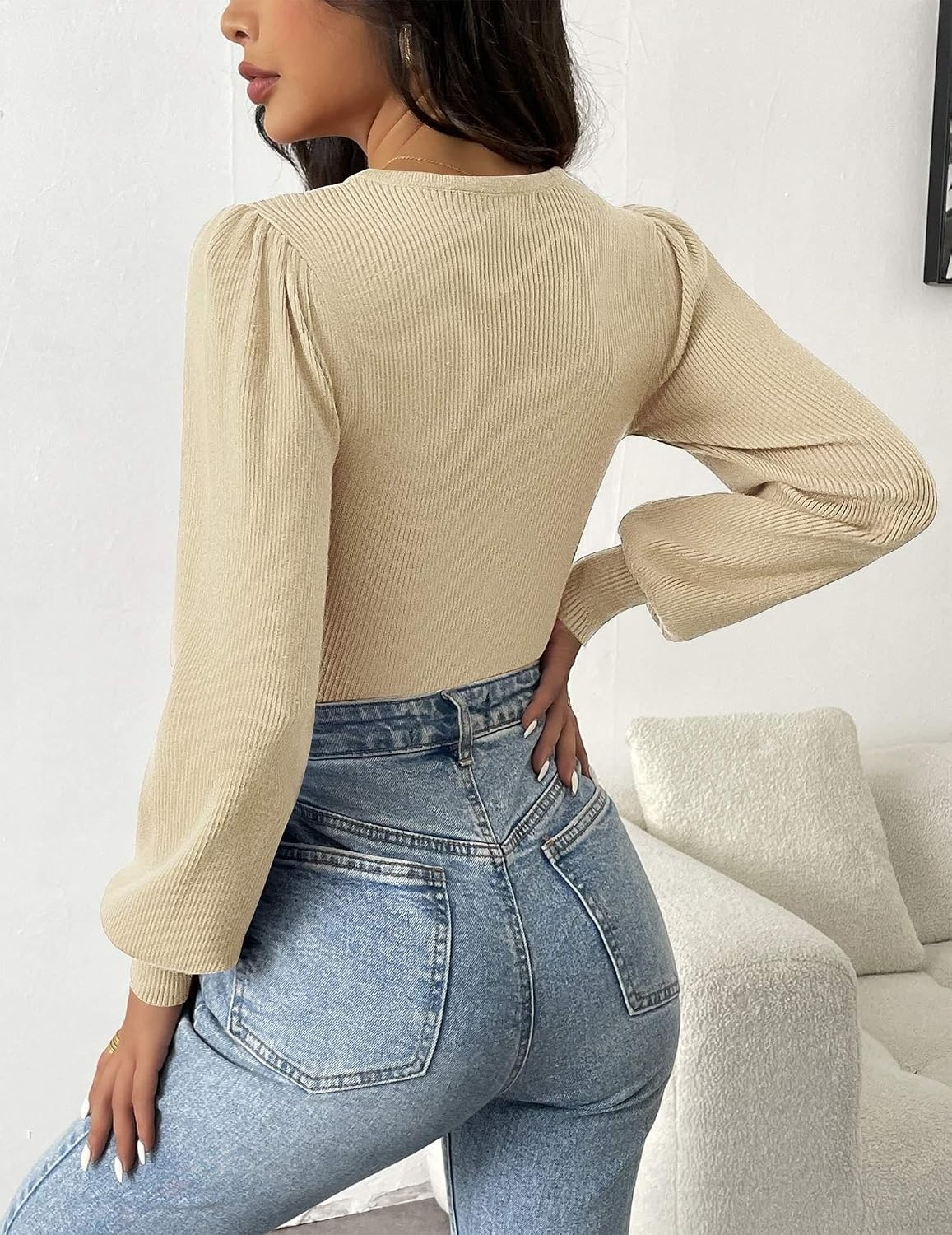 image:imageZeagoo Womens Sweaters Long Sleeve Bodysuits 2026 Fall Crewneck Puff Knit Pullover TopsCoffee