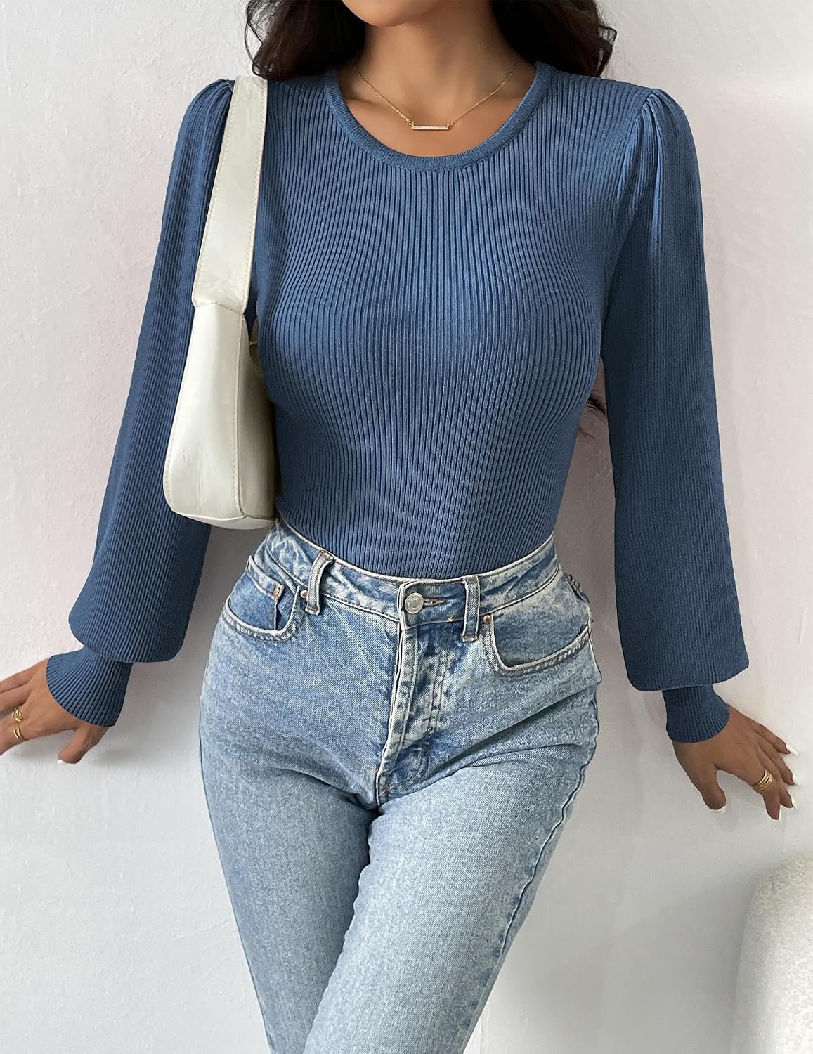 image:imageZeagoo Womens Sweaters Long Sleeve Bodysuits 2026 Fall Crewneck Puff Knit Pullover TopsNavy Blue