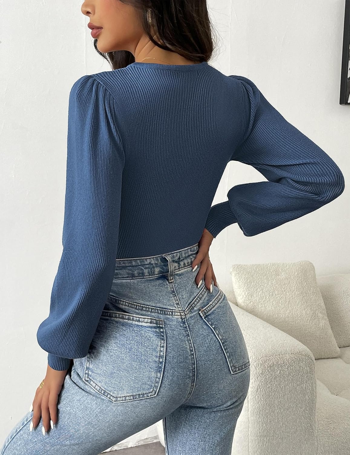 image:imageZeagoo Womens Sweaters Long Sleeve Bodysuits 2026 Fall Crewneck Puff Knit Pullover TopsNavy Blue