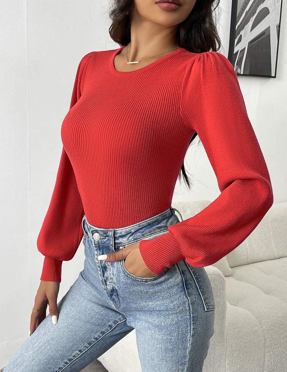 image:imageZeagoo Womens Sweaters Long Sleeve Bodysuits 2026 Fall Crewneck Puff Knit Pullover TopsRed