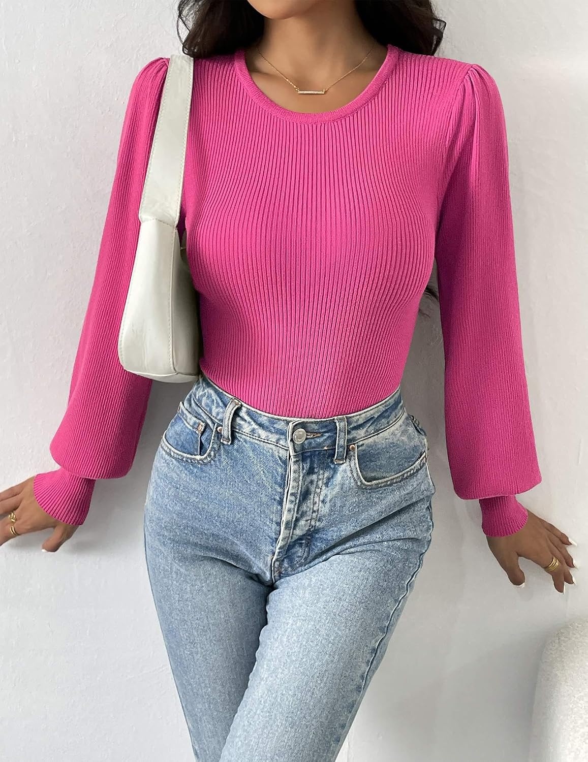 image:imageZeagoo Womens Sweaters Long Sleeve Bodysuits 2026 Fall Crewneck Puff Knit Pullover TopsRose Red
