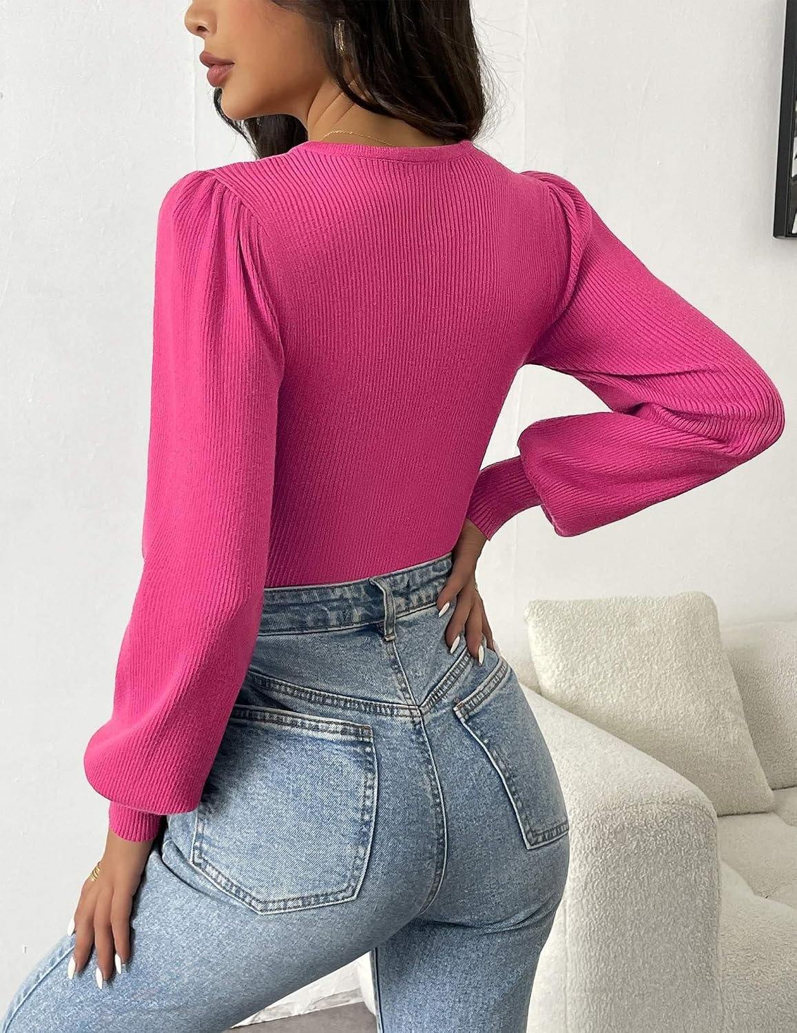 image:imageZeagoo Womens Sweaters Long Sleeve Bodysuits 2026 Fall Crewneck Puff Knit Pullover TopsRose Red