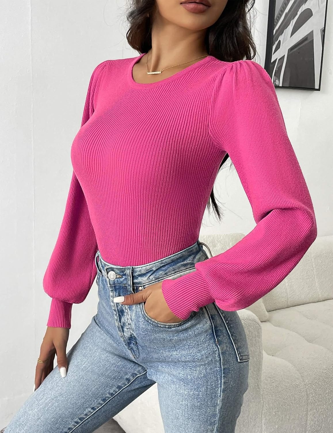 image:imageZeagoo Womens Sweaters Long Sleeve Bodysuits 2026 Fall Crewneck Puff Knit Pullover TopsRose Red