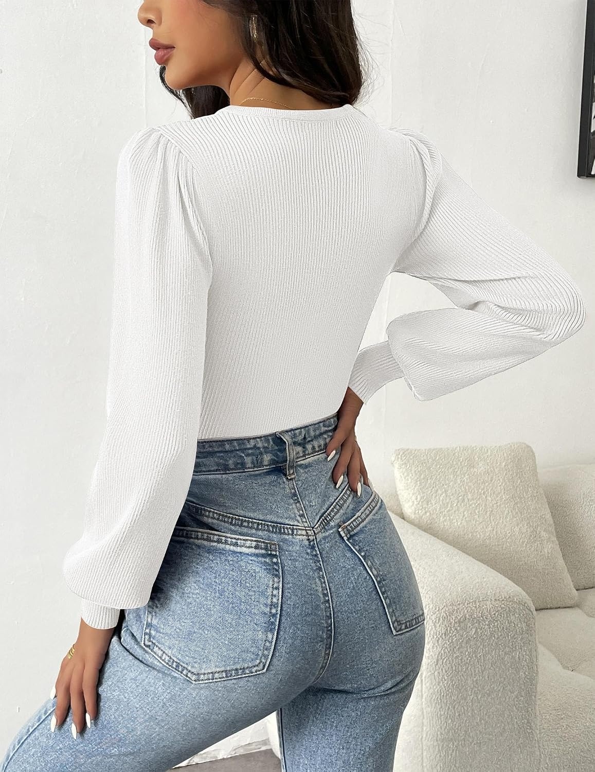 image:imageZeagoo Womens Sweaters Long Sleeve Bodysuits 2026 Fall Crewneck Puff Knit Pullover TopsWhite