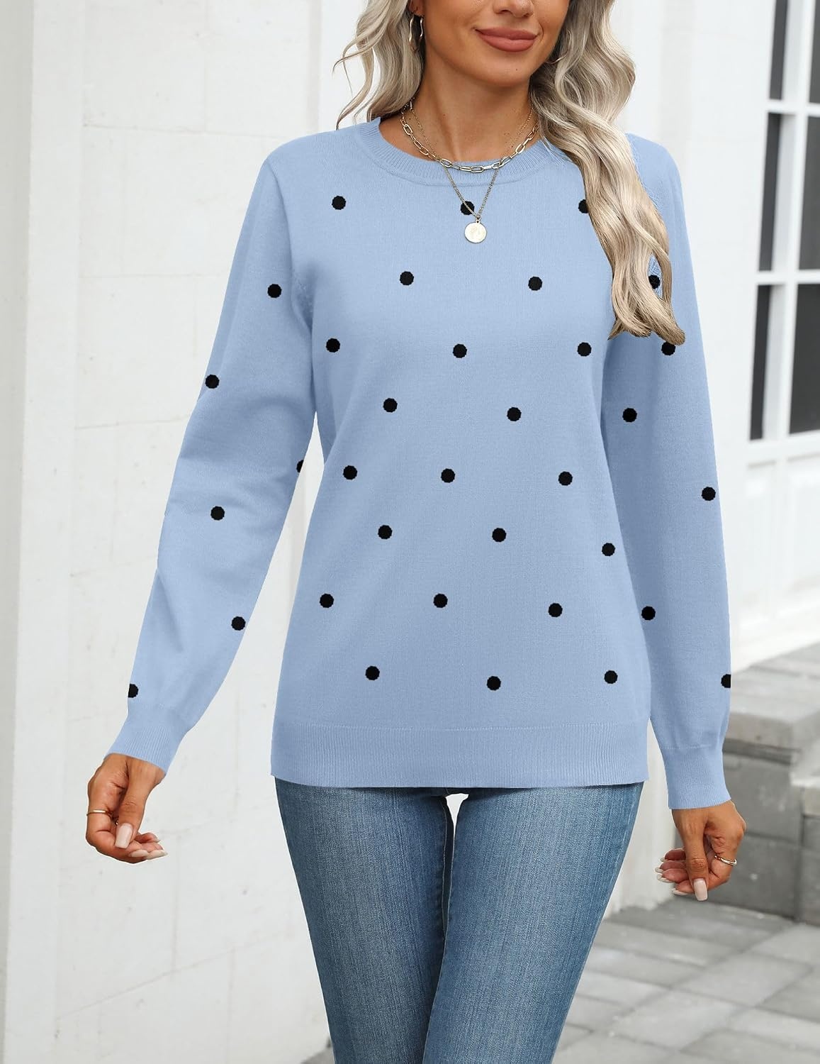image:imageZeagoo Womens Sweaters Long Sleeve Tops Classic Fall Clothes Crewneck TopsPolka Dotblue