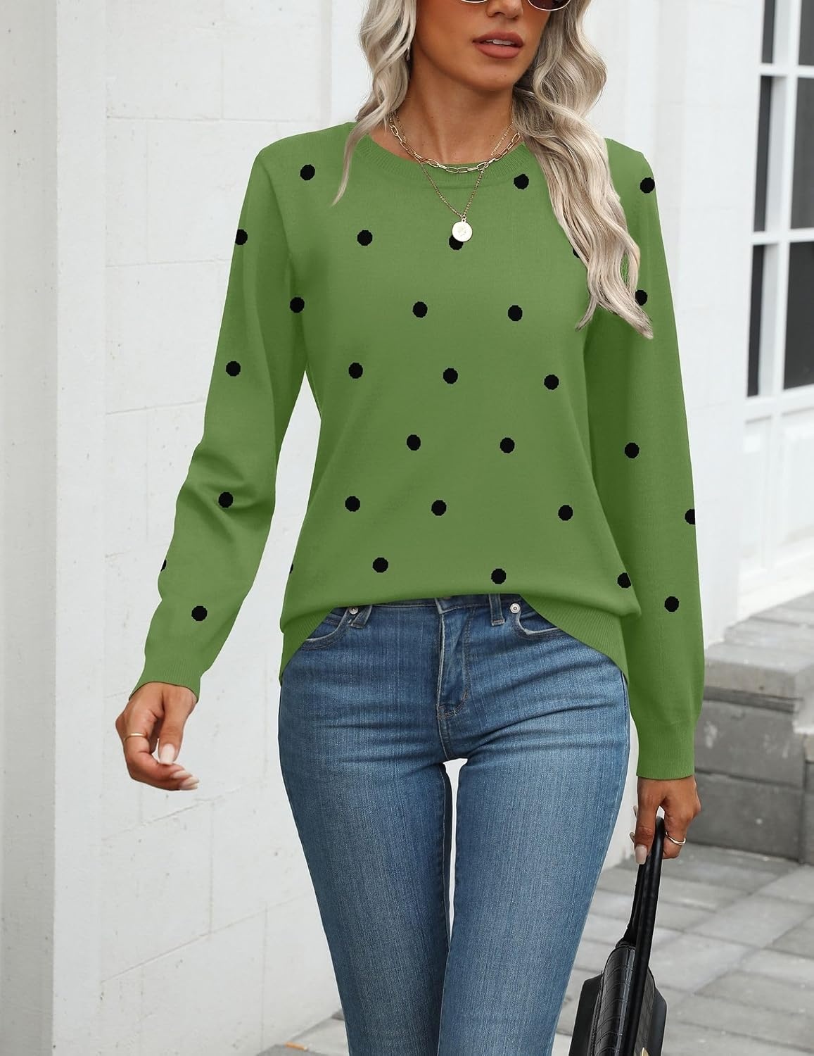 image:imageZeagoo Womens Sweaters Long Sleeve Tops Classic Fall Clothes Crewneck TopsPolka Dotgreen