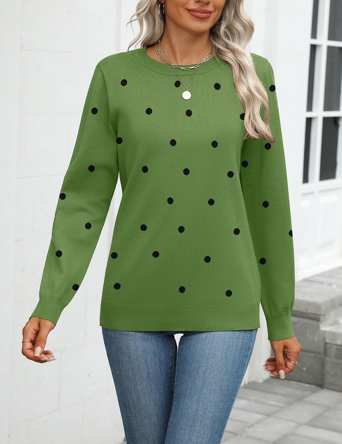 image:imageZeagoo Womens Sweaters Long Sleeve Tops Classic Fall Clothes Crewneck TopsPolka Dotgreen