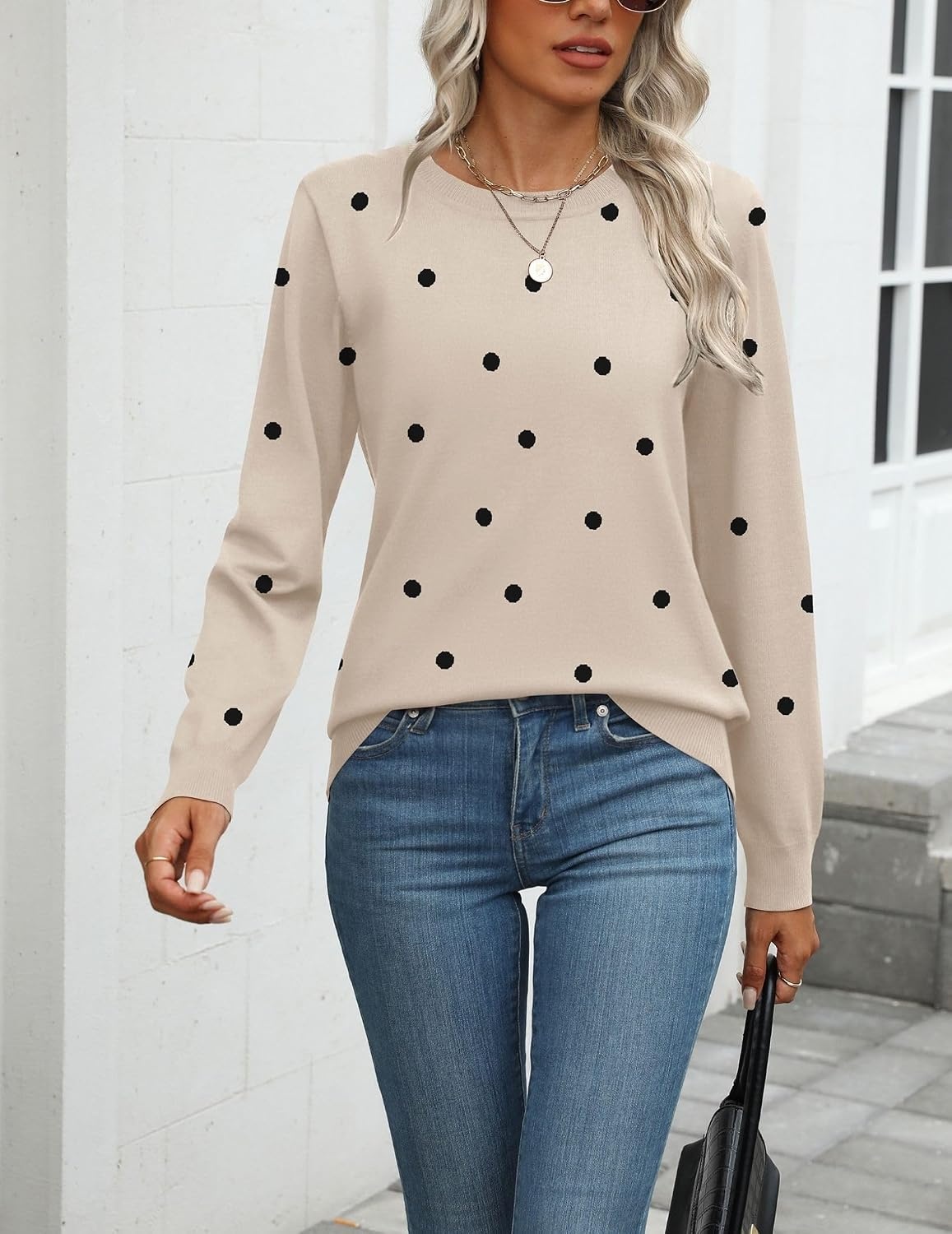 image:imageZeagoo Womens Sweaters Long Sleeve Tops Classic Fall Clothes Crewneck TopsPolka Dotkhaki