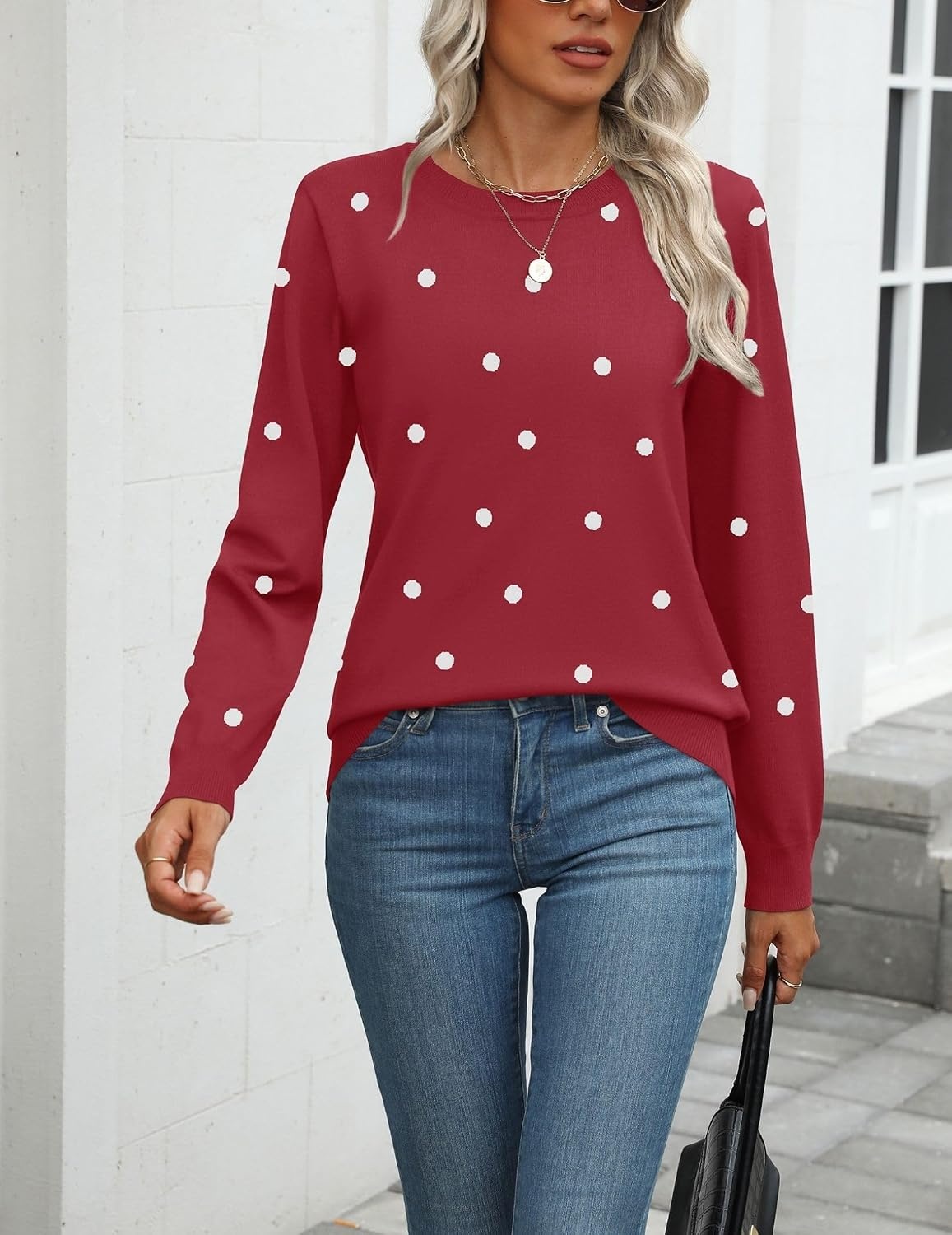 image:imageZeagoo Womens Sweaters Long Sleeve Tops Classic Fall Clothes Crewneck TopsPolka Dotred