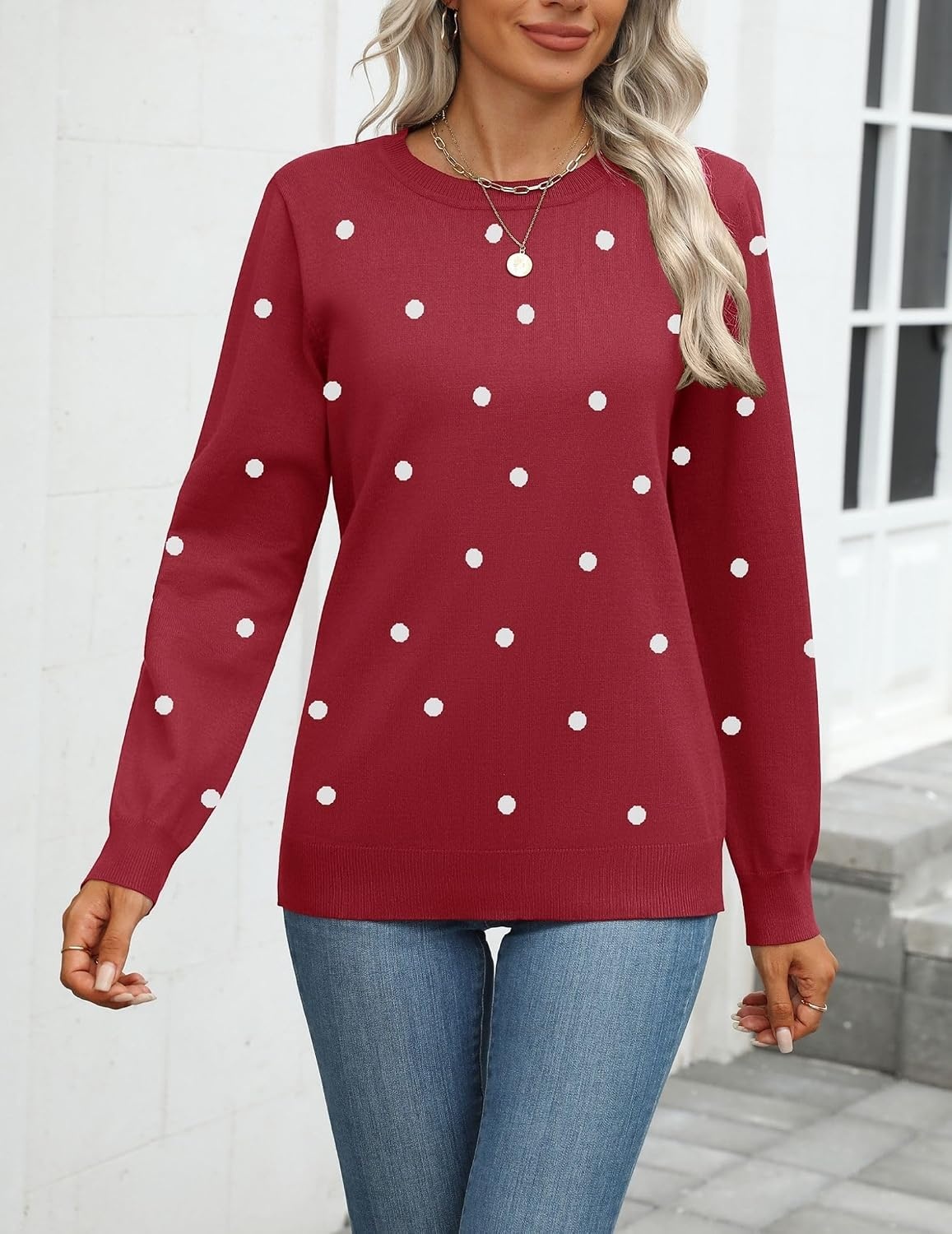 image:imageZeagoo Womens Sweaters Long Sleeve Tops Classic Fall Clothes Crewneck TopsPolka Dotred
