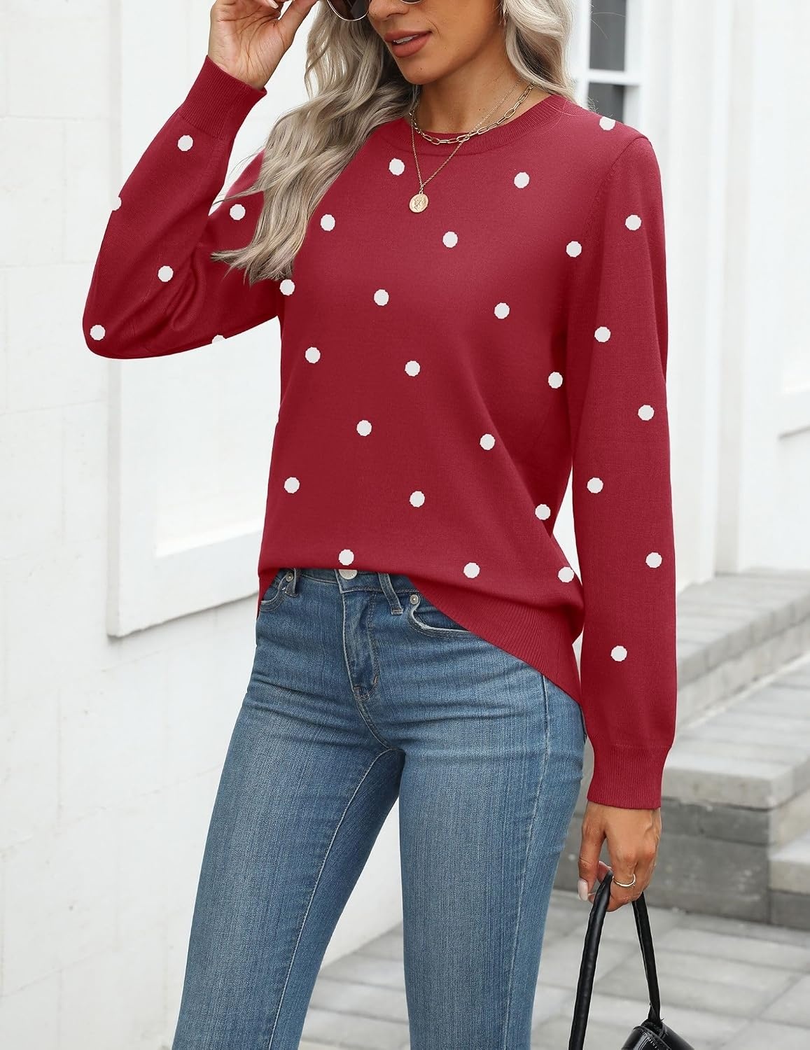 image:imageZeagoo Womens Sweaters Long Sleeve Tops Classic Fall Clothes Crewneck TopsPolka Dotred