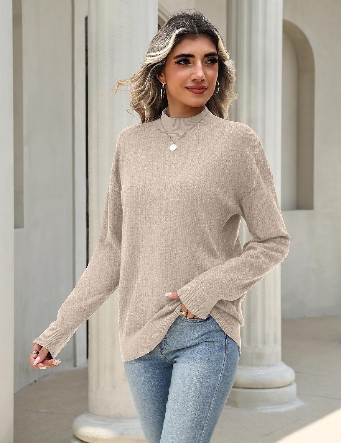 image:imageZeagoo Womens Sweaters Turtleneck Long Sleeve Tops Lightweight Fall ClothesBeige