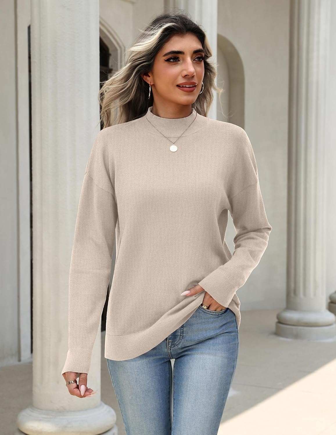 image:imageZeagoo Womens Sweaters Turtleneck Long Sleeve Tops Lightweight Fall ClothesBeige