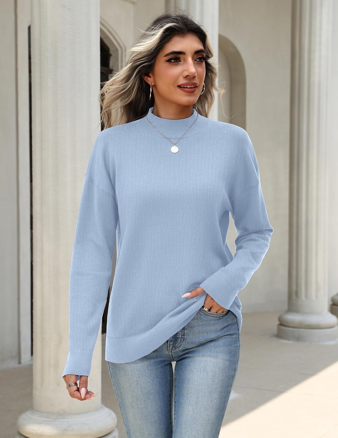 image:imageZeagoo Womens Sweaters Turtleneck Long Sleeve Tops Lightweight Fall ClothesBlue
