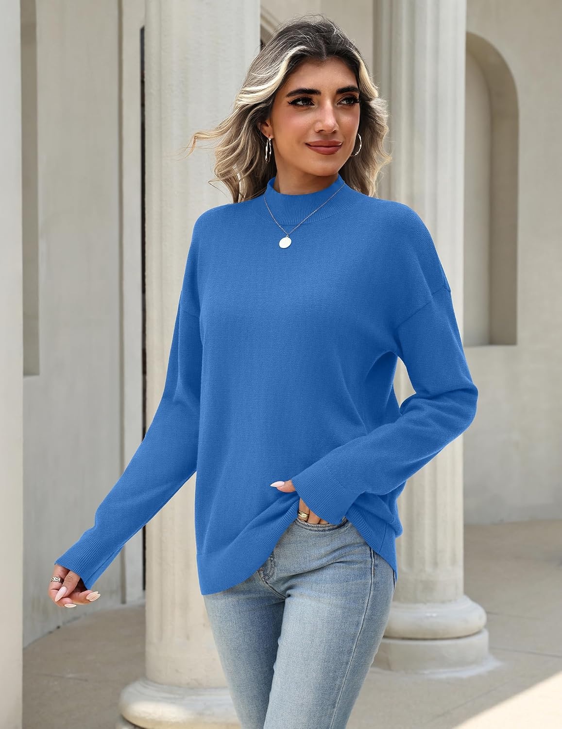 image:imageZeagoo Womens Sweaters Turtleneck Long Sleeve Tops Lightweight Fall ClothesBright Blue