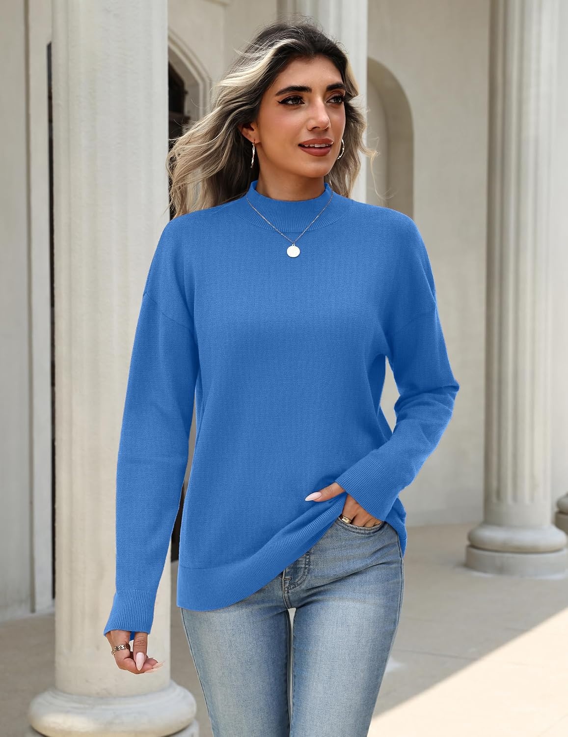 image:imageZeagoo Womens Sweaters Turtleneck Long Sleeve Tops Lightweight Fall ClothesBright Blue